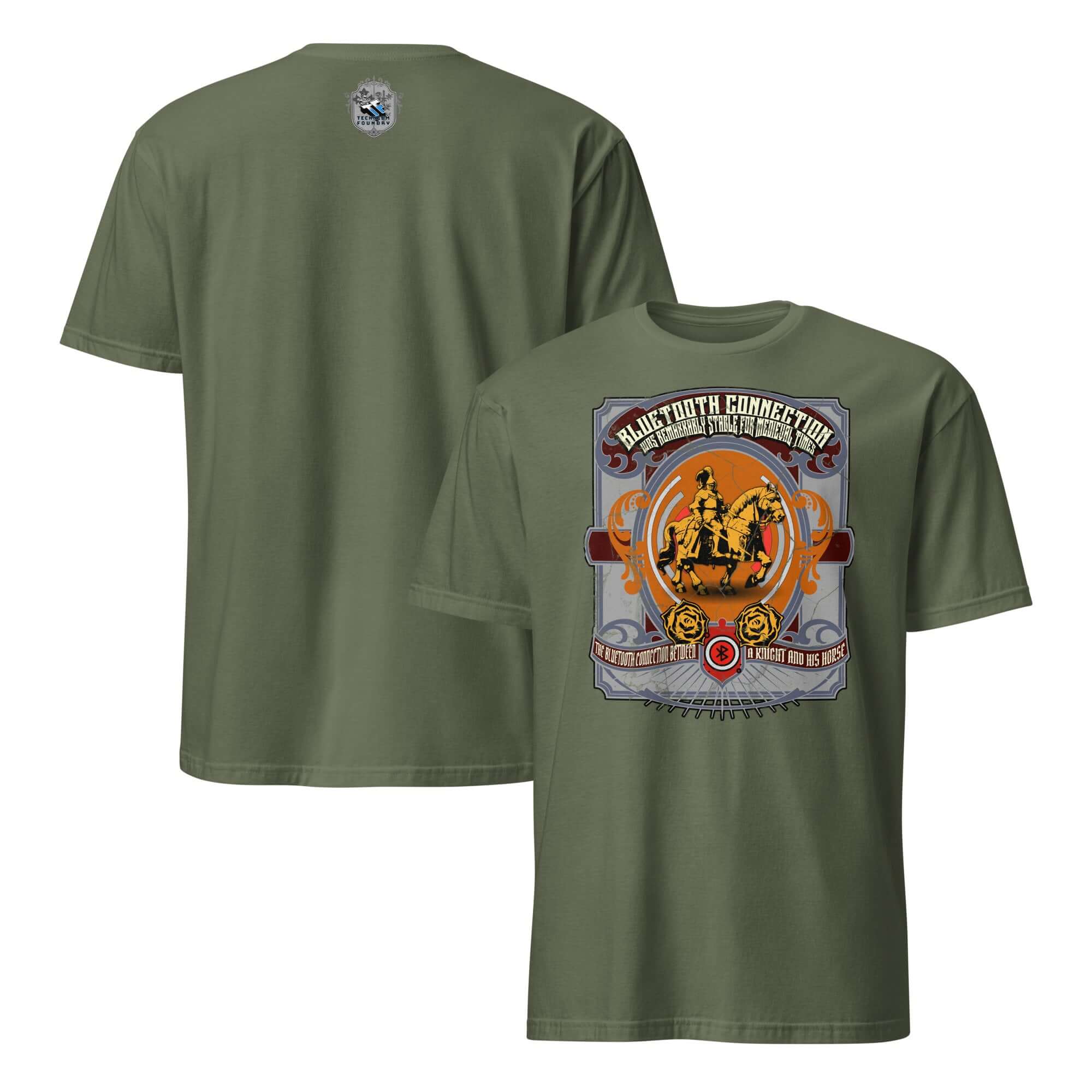 Bluetooth Connection T-Shirt featuring a knight design, blending medieval humor with tech history. Perfect for tech enthusiasts.