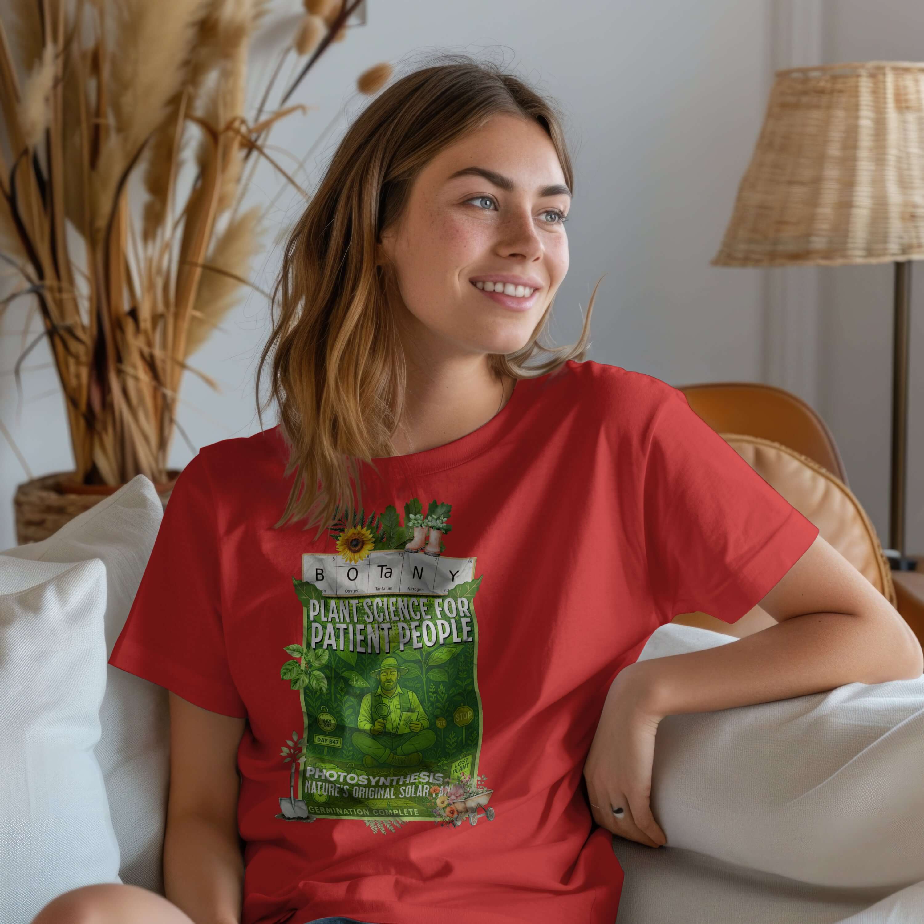 Woman wearing Botany T-Shirt with 'Plant Science For Patient People' design, sitting on a couch and smiling.
