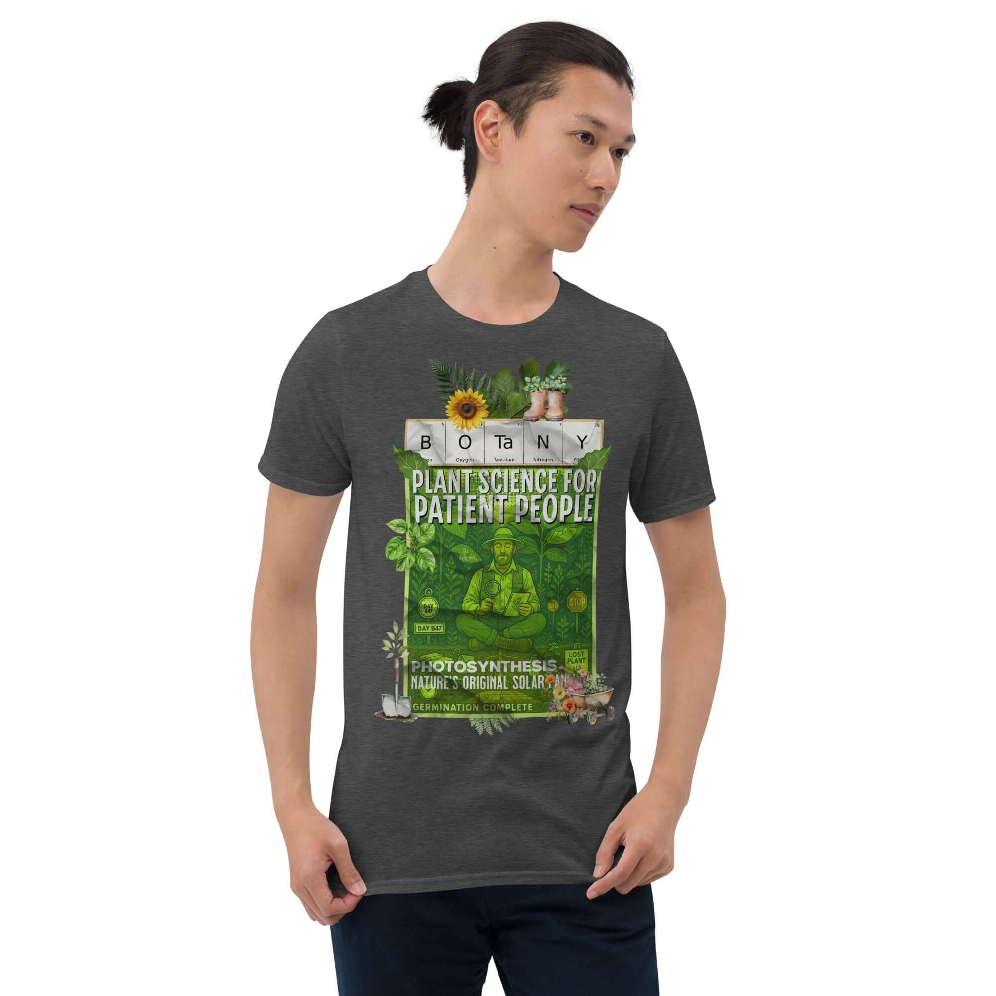 Model wearing Botany T-Shirt with 'Plant Science For Patient People' slogan, featuring botanical designs and plant graphics.