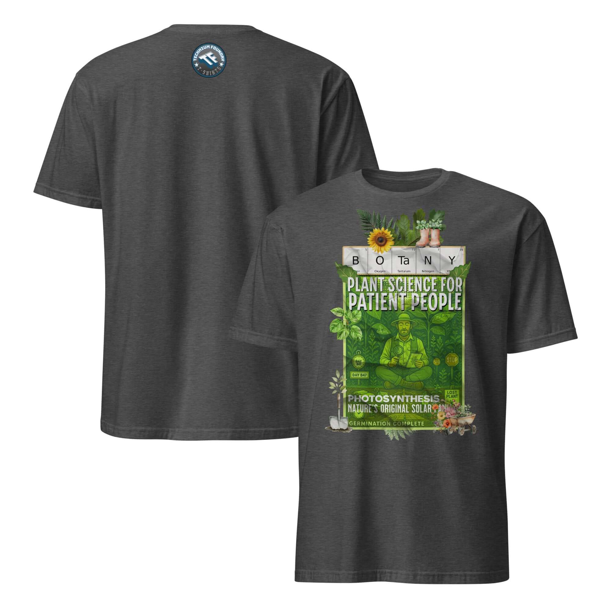Vintage 'Botany: Plant Science For Patient People' T-shirt featuring serene botanical design on dark fabric.