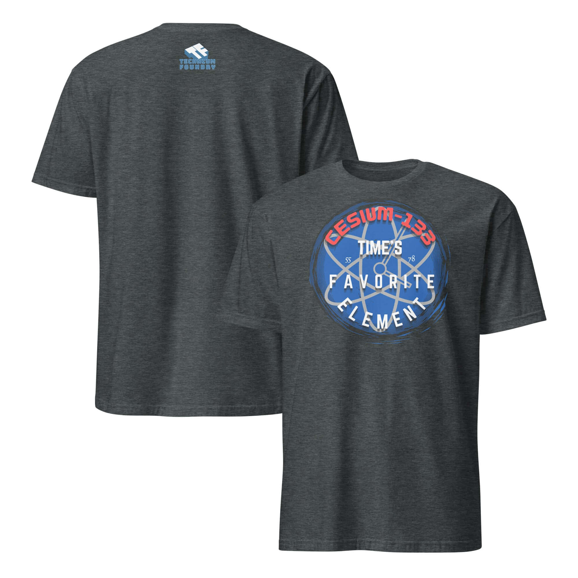 Alt Tag: Cesium-133 Atomic Clock T-Shirt featuring blue circular design, "Time's Favorite Element" print on dark fabric.