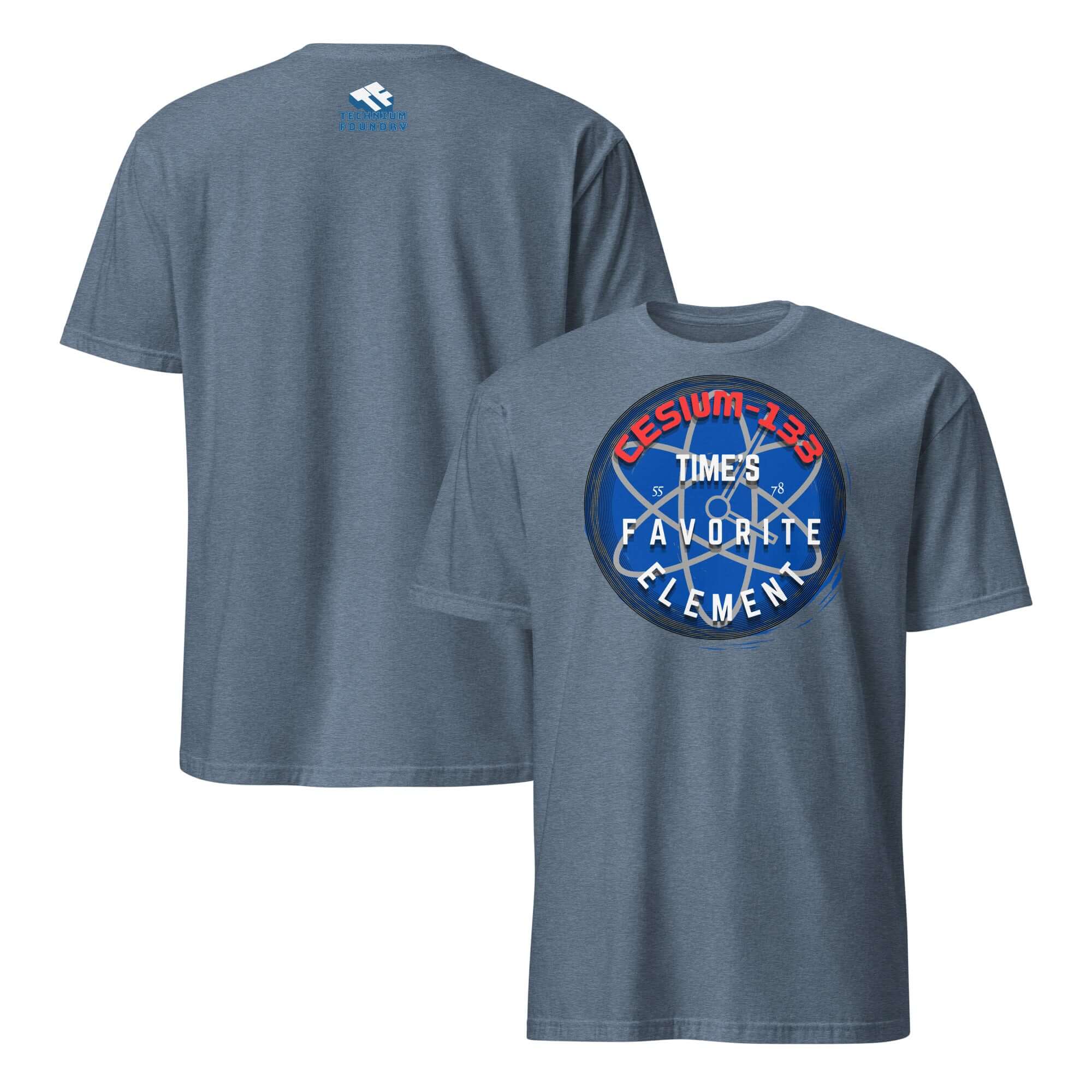 Cesium-133 Atomic Clock T-Shirt featuring a blue circular design with 'Time's Favorite Element' slogan.