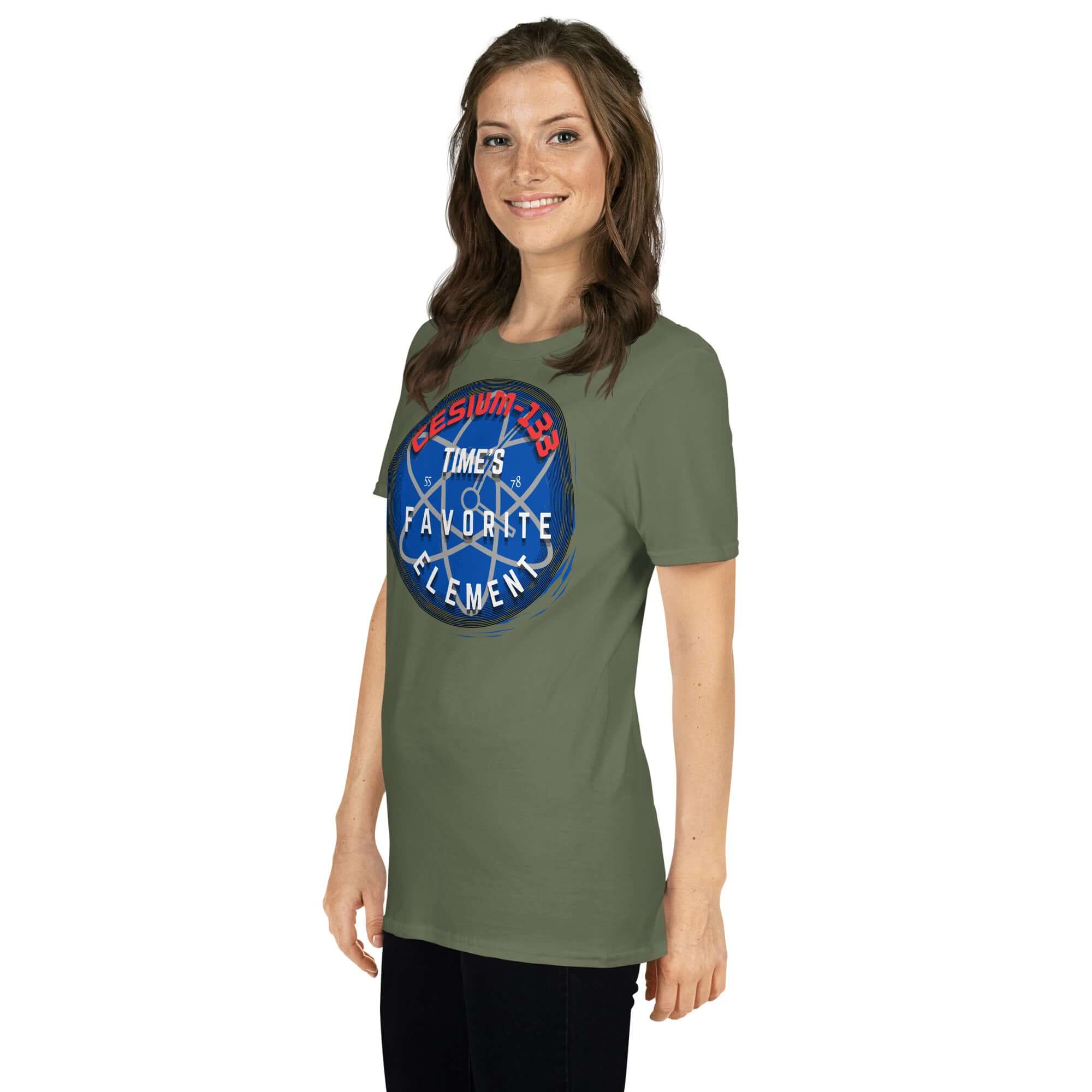 Cesium-133 Atomic Clock T-Shirt with blue circular design modeled by a person, combining style with precision timekeeping vibes.