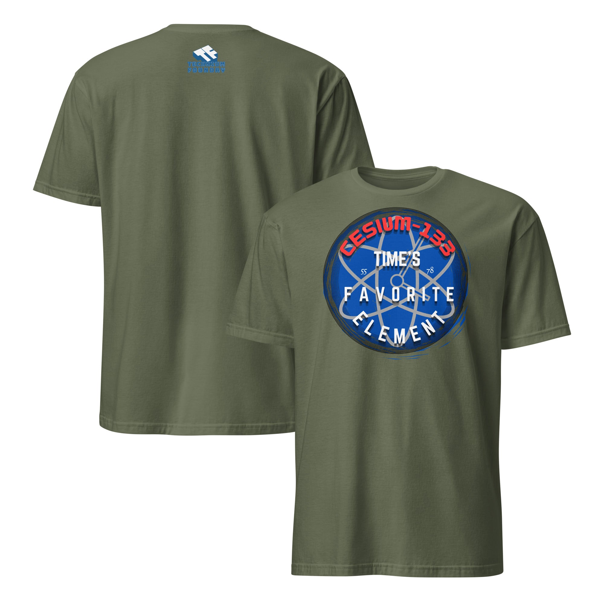Cesium-133 Atomic Clock T-Shirt featuring blue design, "Time's Favorite Element," perfect for time enthusiasts.