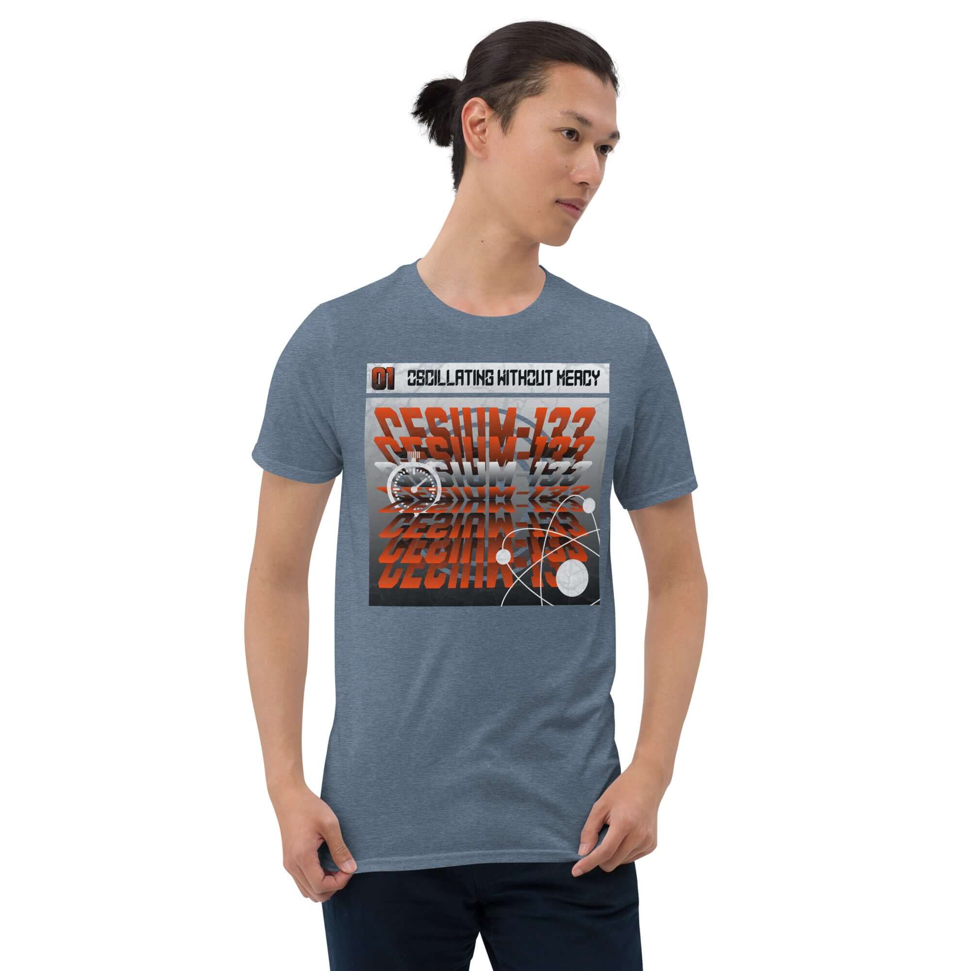 Person wearing Cesium-133 Oscillation T-Shirt featuring atomic clock design in industrial style.