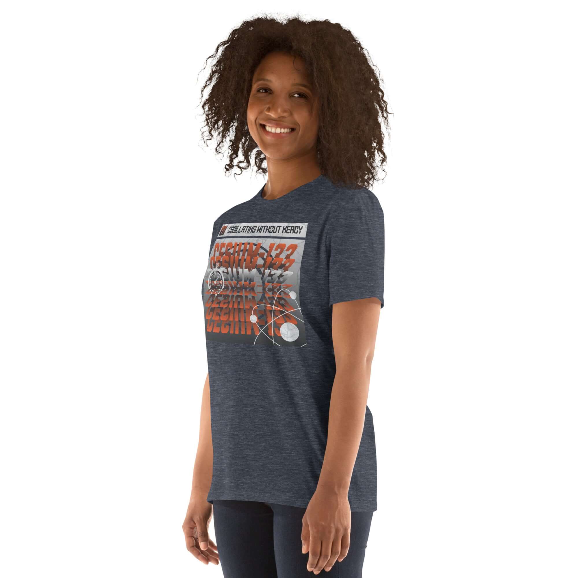 Woman wearing Cesium-133 Oscillation T-Shirt with atomic clock design, showcasing industrial typography.