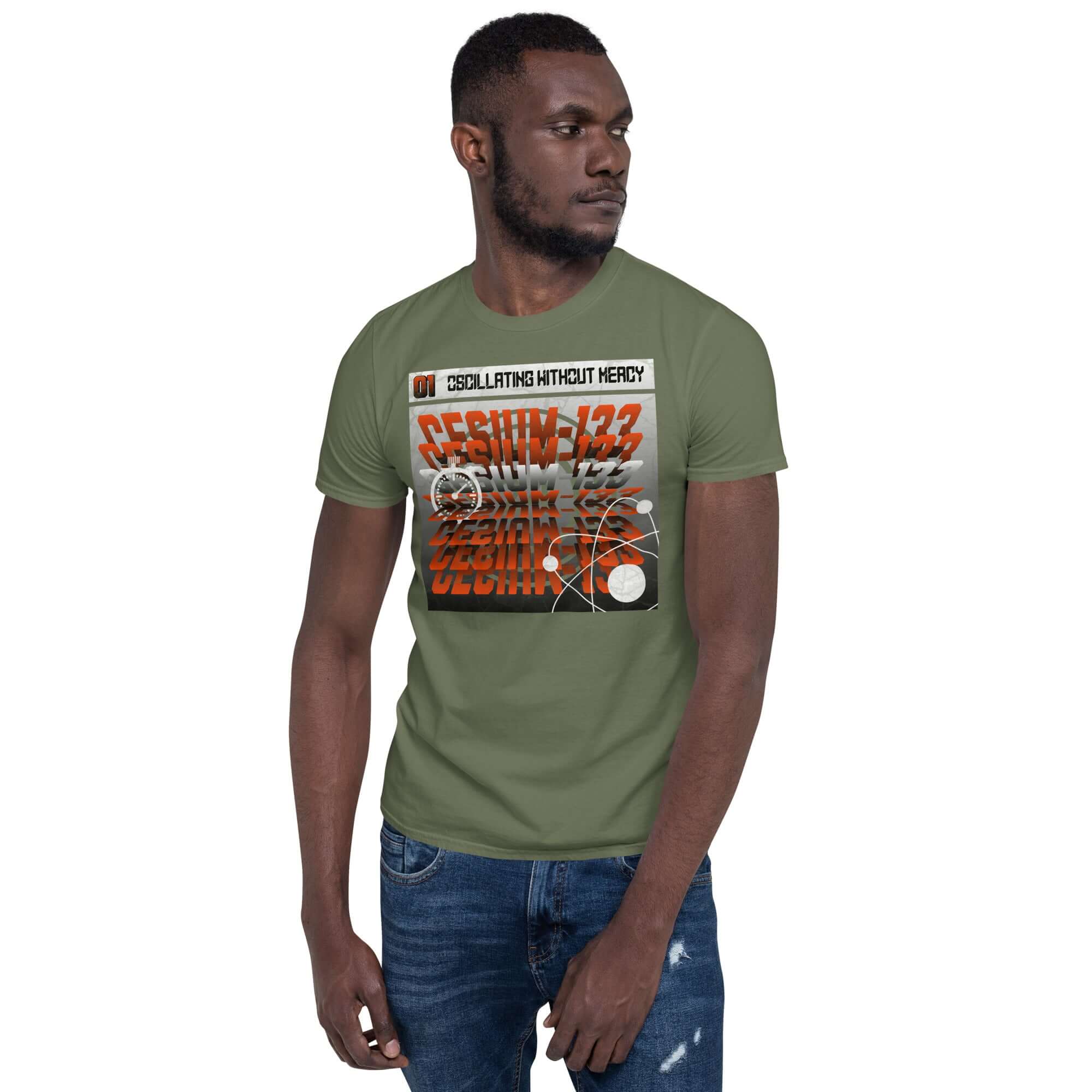 Man wearing Cesium-133 Oscillation T-shirt with atomic clock design, featuring bold typography and industrial style.