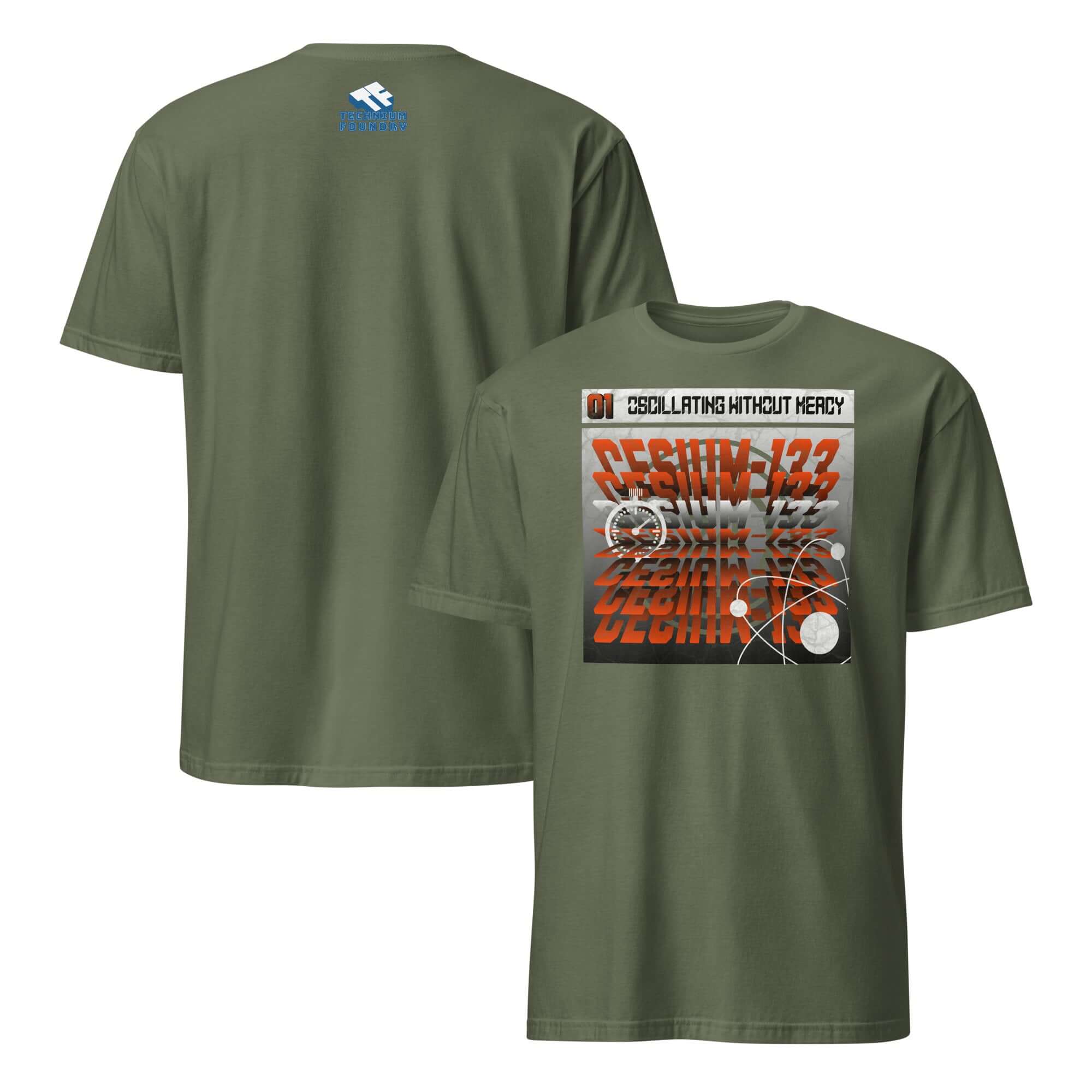 Cesium-133 Oscillation T-Shirt with Atomic Clock design and industrial typography, front and back view on olive fabric.