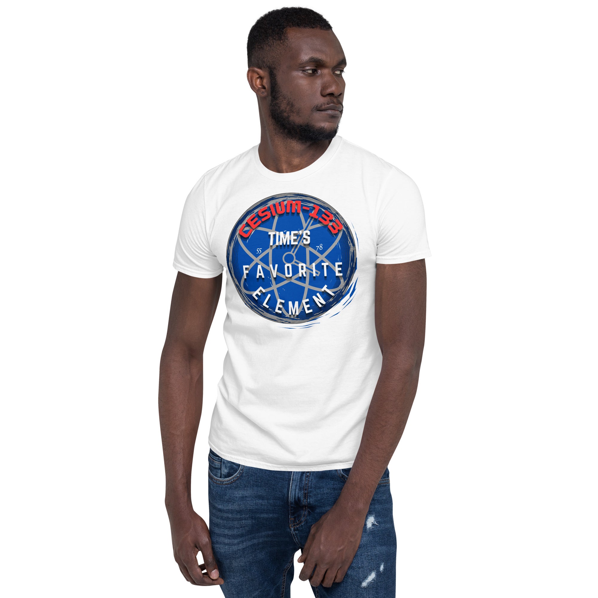 Man wearing Cesium-133 Atomic Clock T-Shirt with blue timekeeper design, highlighting the element that defines a second.