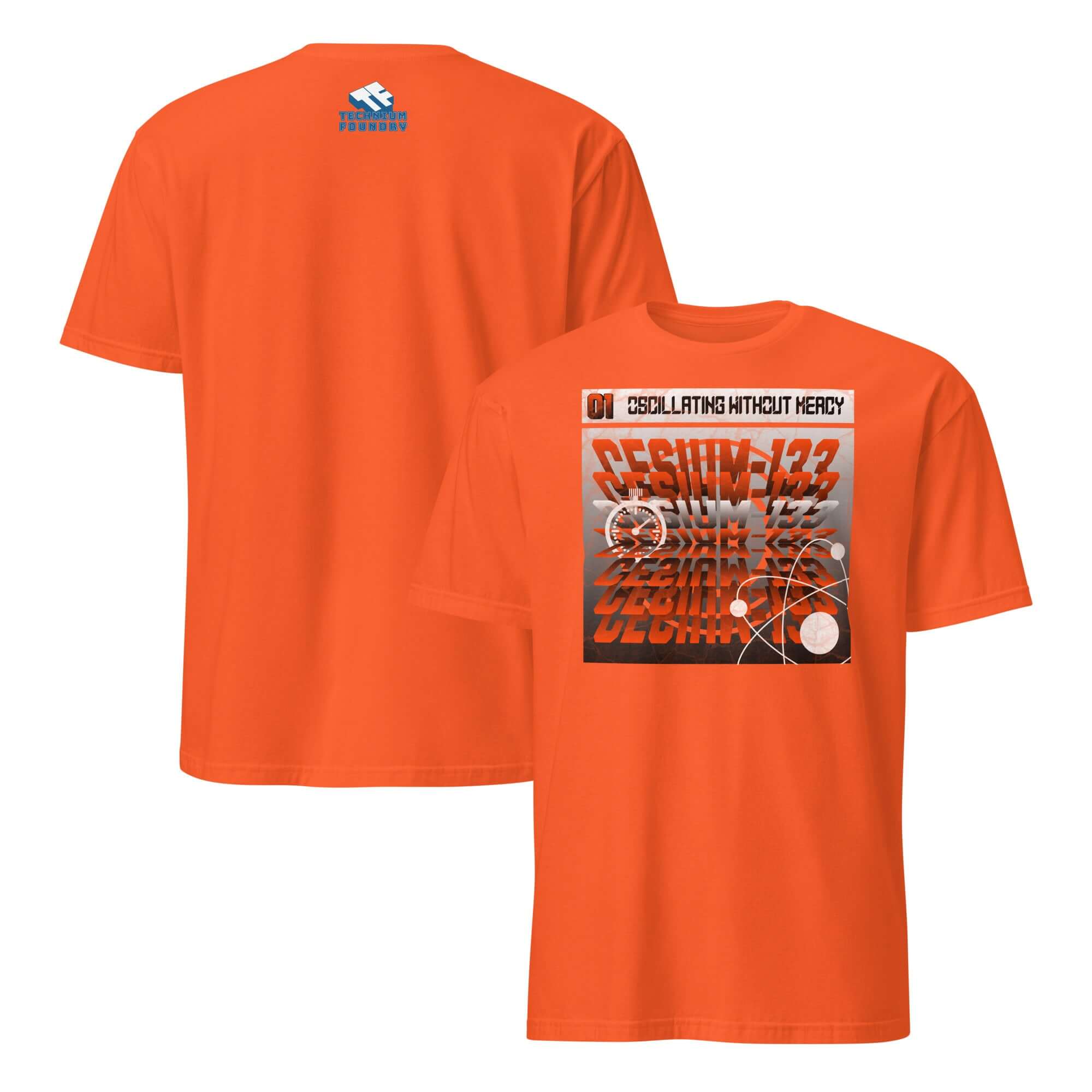 Cesium-133 Oscillation T-Shirt with Atomic Clock Design in orange. Features minimalist industrial style with bold typography.