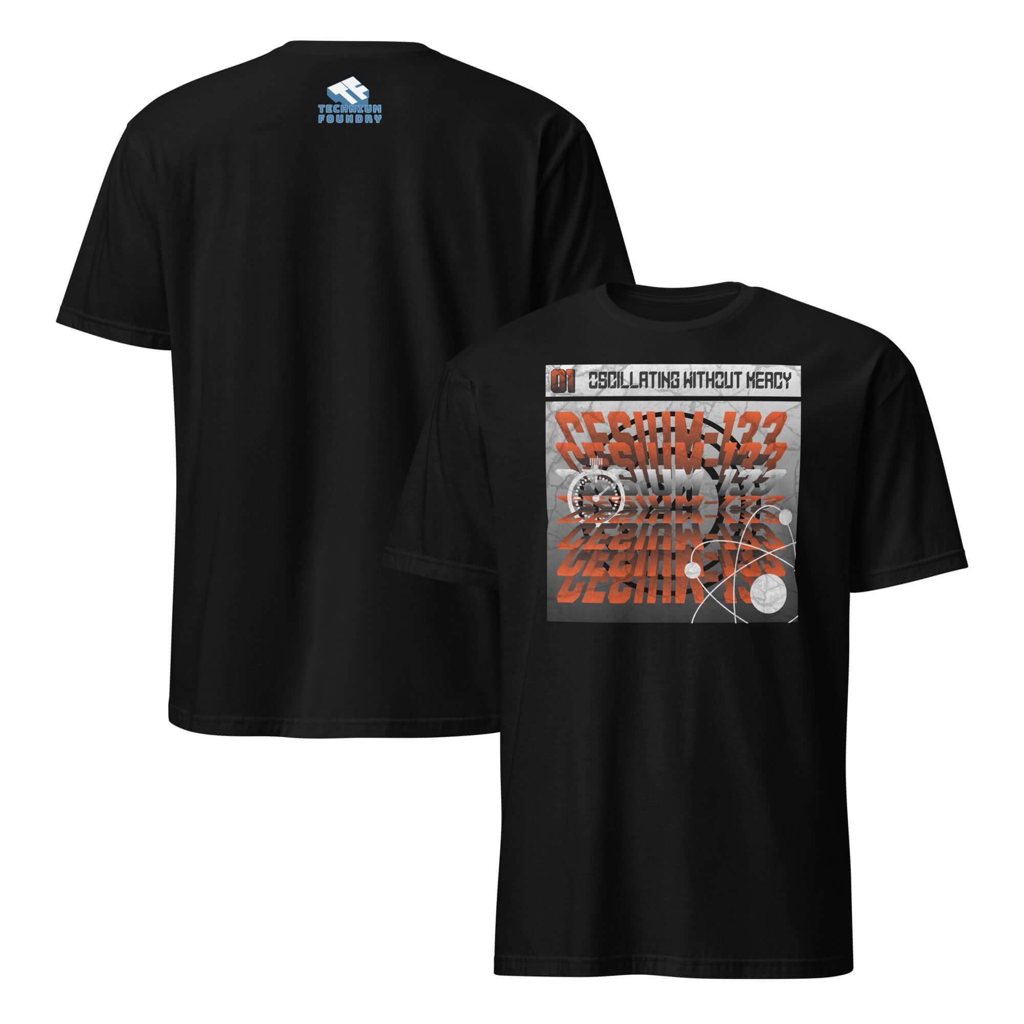 Black Cesium-133 Oscillation T-Shirt with atomic clock design and typography featuring "Oscillating Without Mercy".