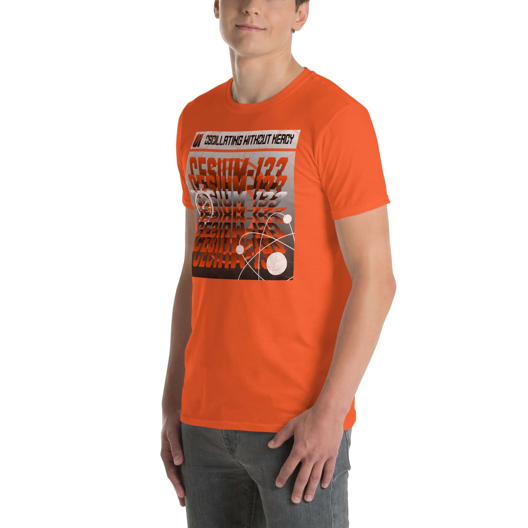 Man wearing orange Cesium-133 Oscillation T-Shirt, atomic clock design, industrial style