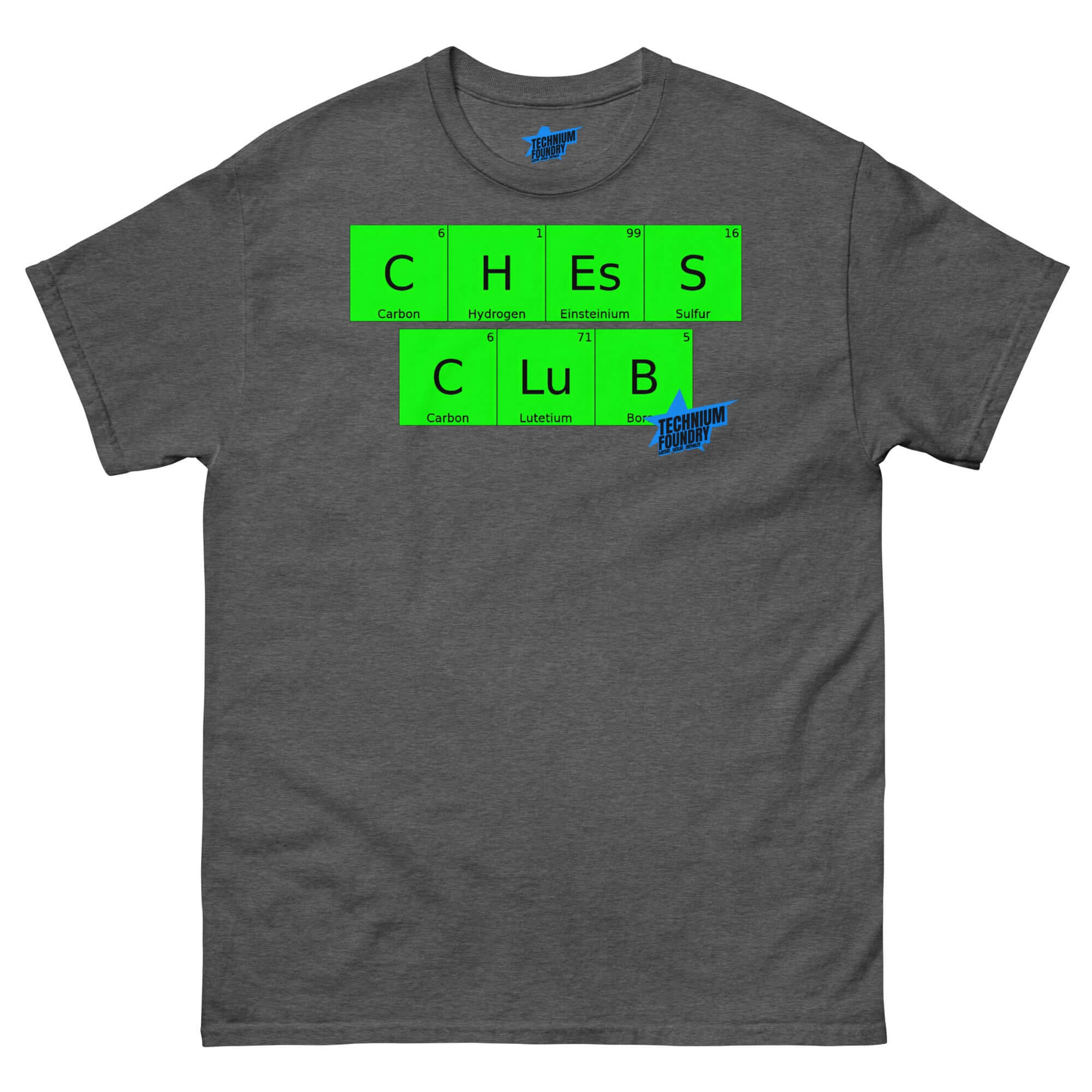 Technium Foundry Chess Club T-Shirt featuring periodic table elements design, combining chess and chemistry in green on a gray shirt.