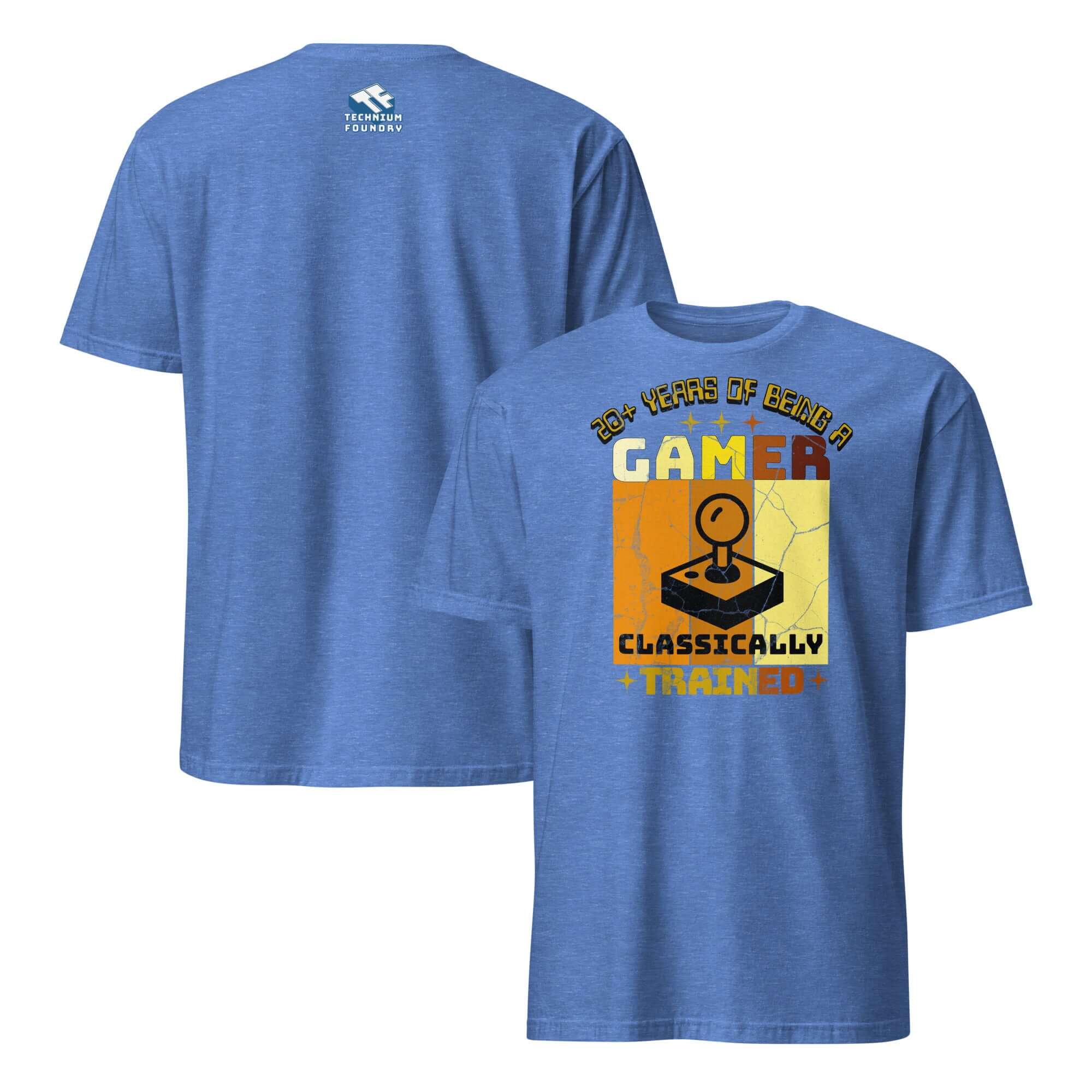 Classically Trained Gamer T-Shirt with retro controller design and '20+ Years of Being a Gamer' slogan on blue fabric.