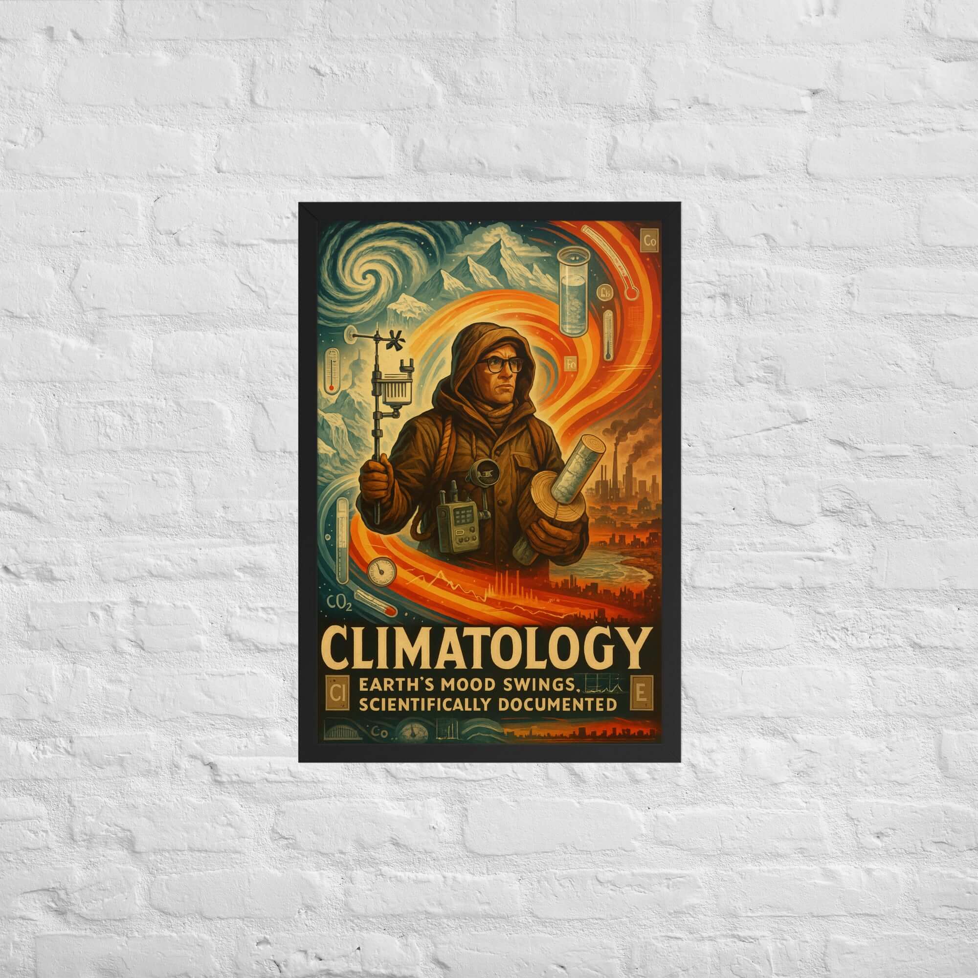 Climatology poster depicting Earth's mood swings with a scientific theme on a vintage design, featuring a climatologist.