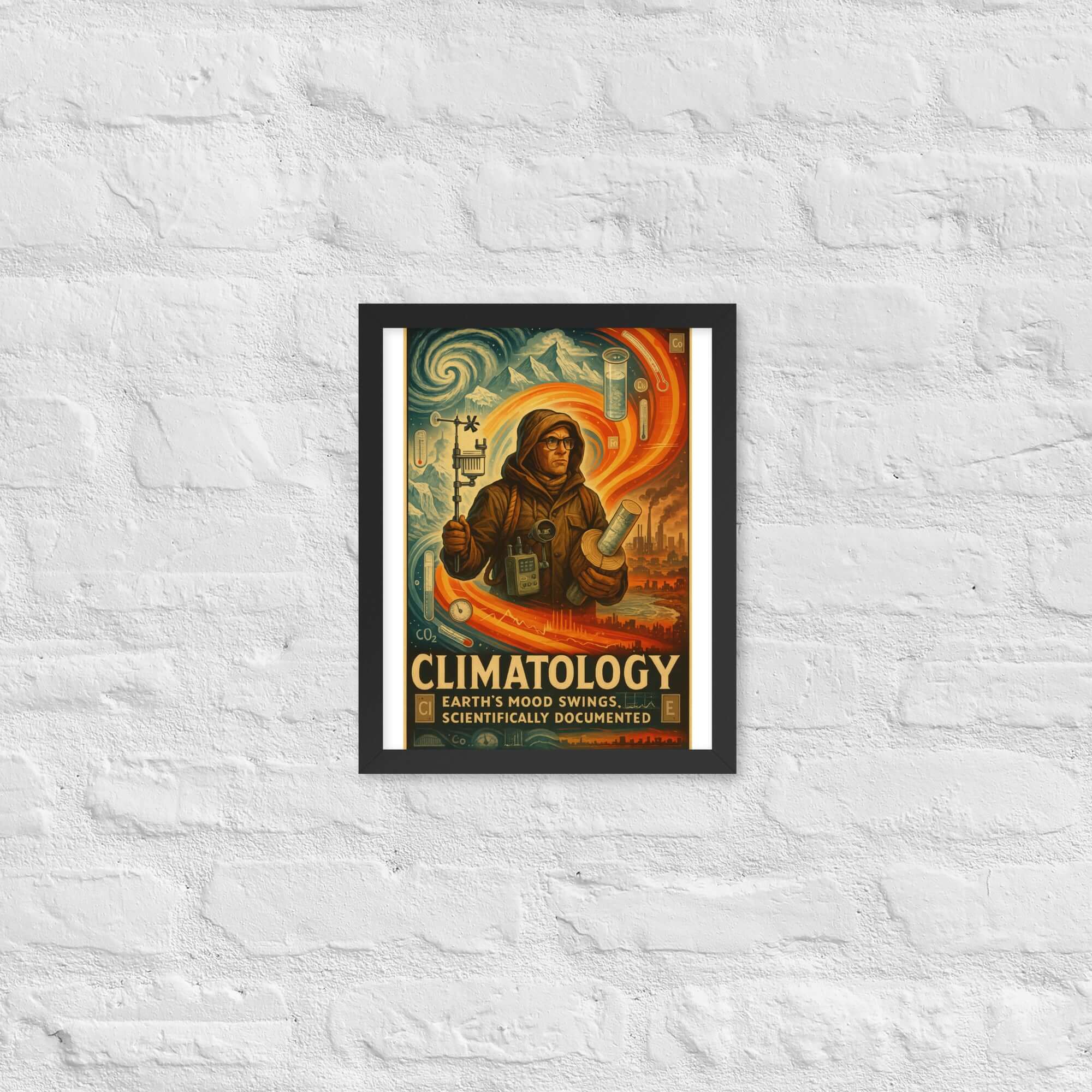 Vintage climatology poster depicting Earth's mood swings scientifically documented on a white brick wall background.