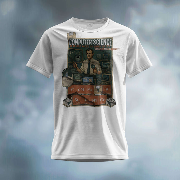 Vintage "Computer Science - Teaching Rocks To Think Badly" T-shirt showcasing educational retro design on white fabric.