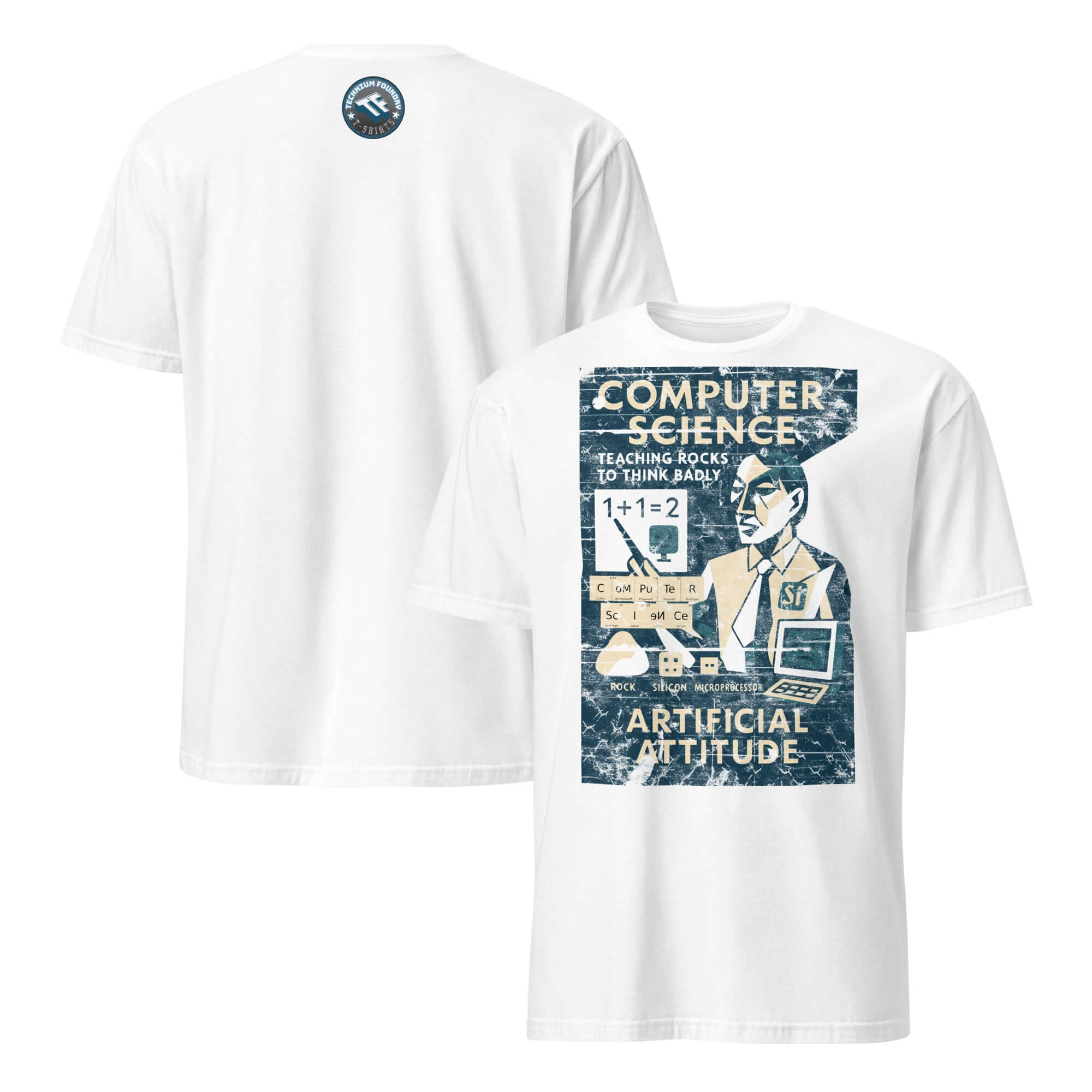 Vintage style computer science T-shirt with humorous teaching rocks theme and retro educational poster design.