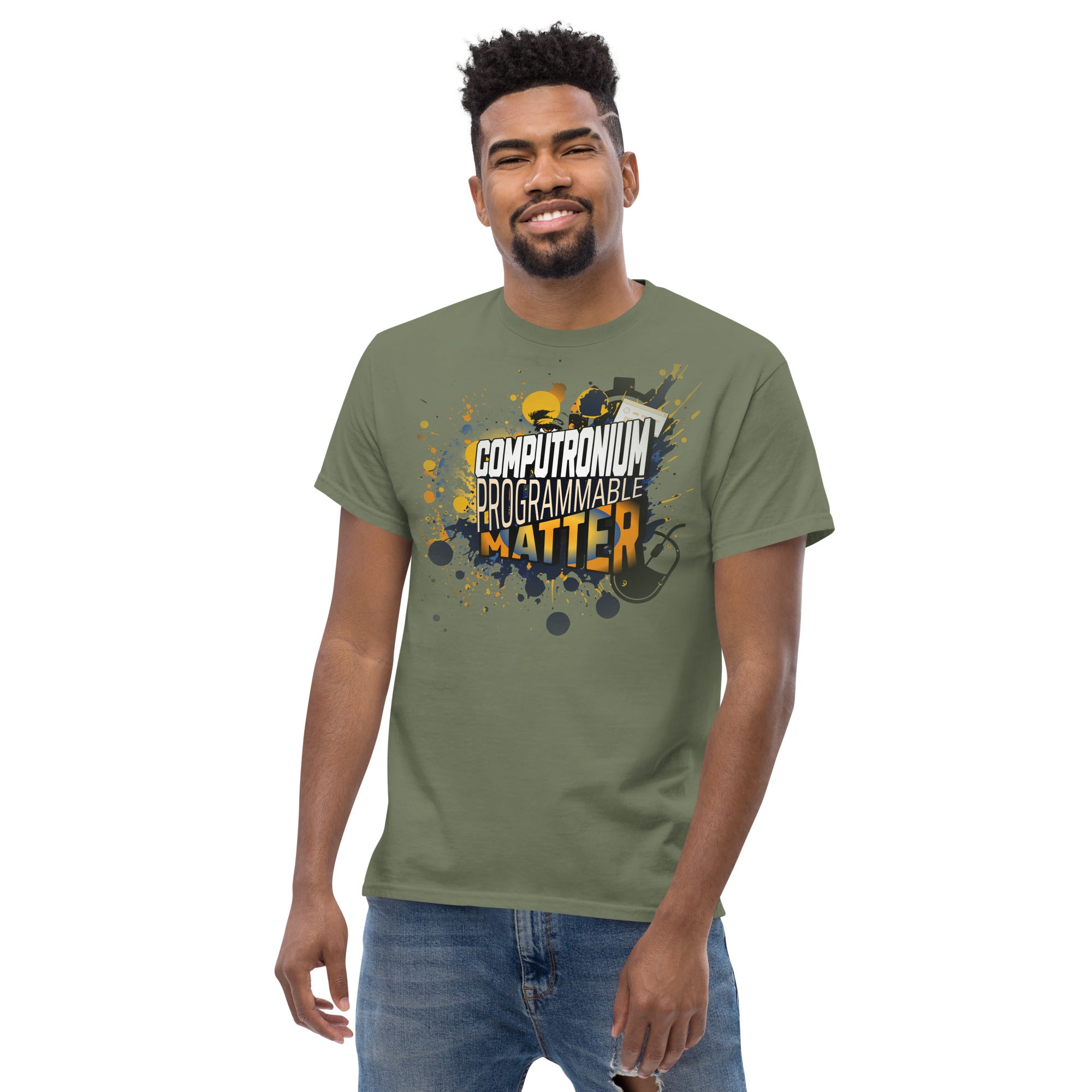 Man wearing a green Computronium Programmable Matter T-Shirt with starburst design, themed on theoretical physics.