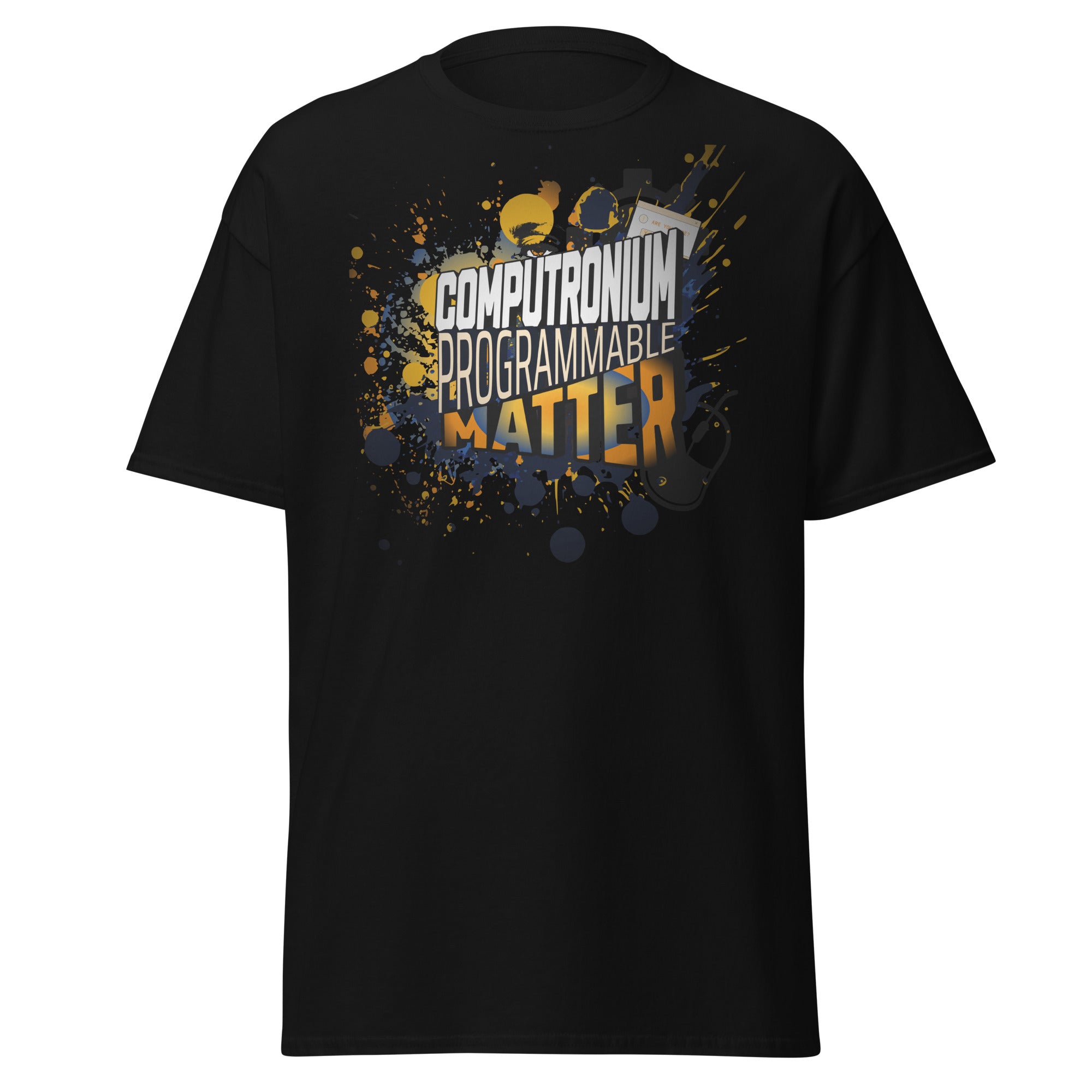 Black t-shirt with Computronium Programmable Matter design and starburst pattern, inspired by theoretical physics concepts.