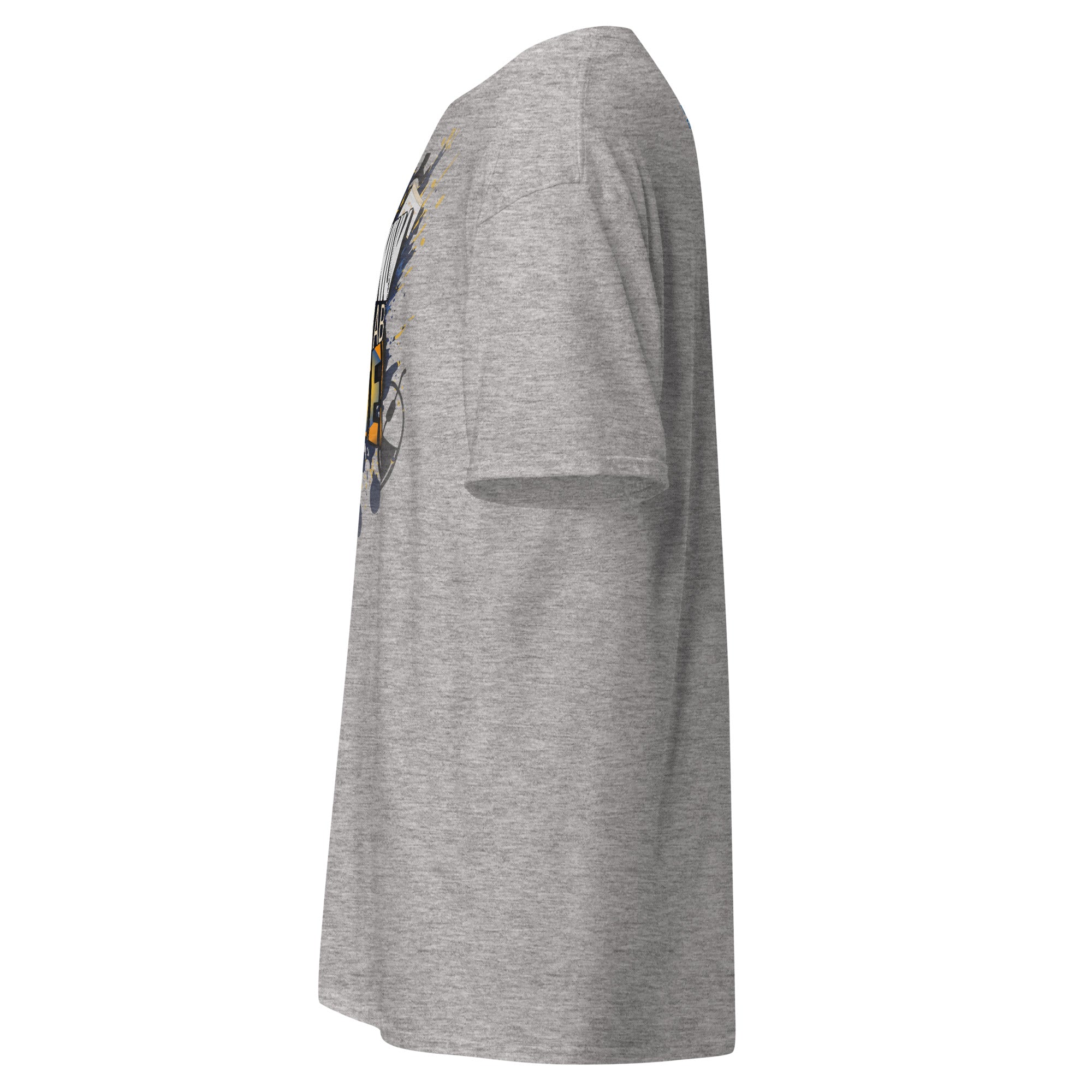 Side view of gray Computronium T-shirt with starburst design, inspired by theoretical physics and programmable matter concepts.