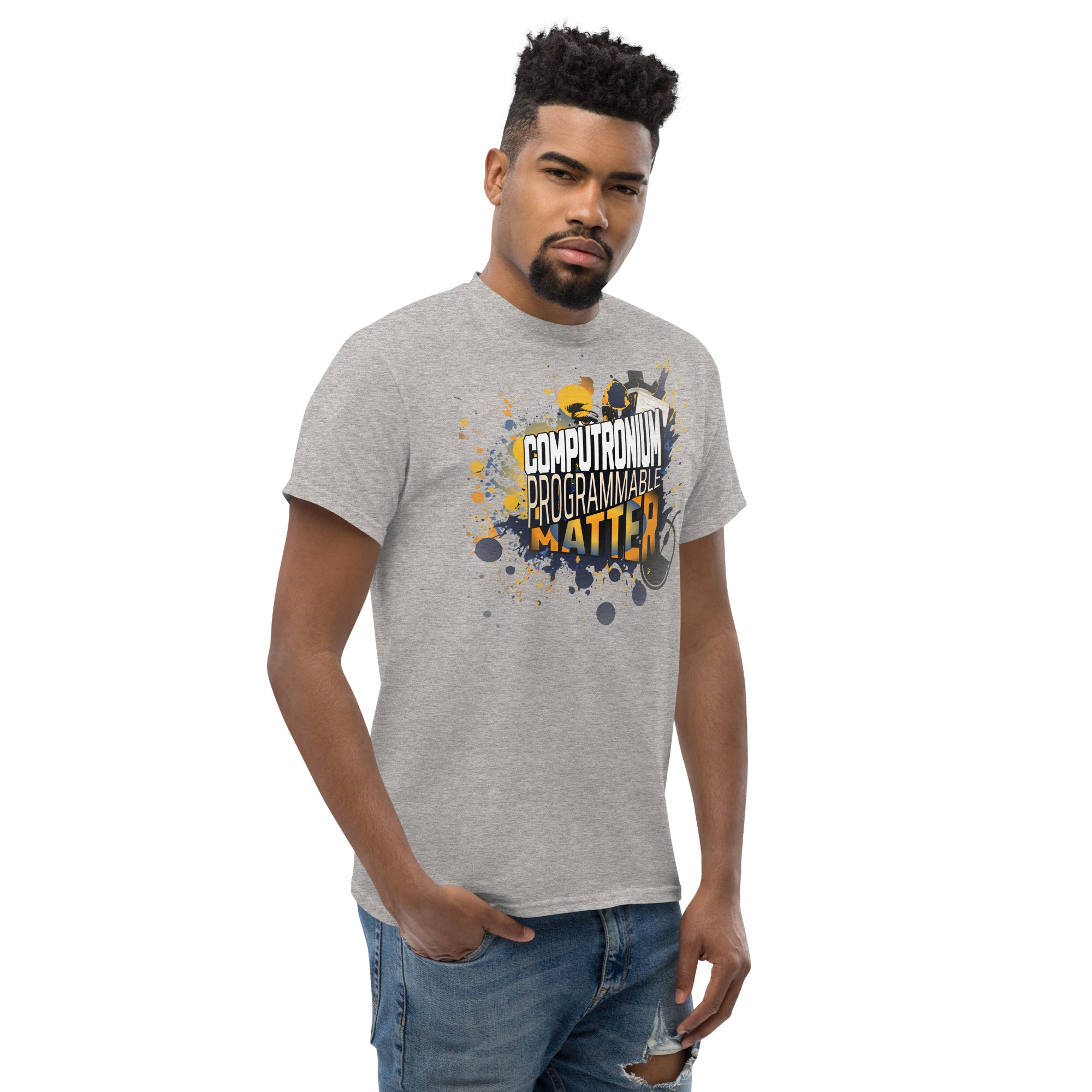 Man wearing Computronium Programmable Matter T-Shirt with starburst design, inspired by theoretical physics and quantum computing.
