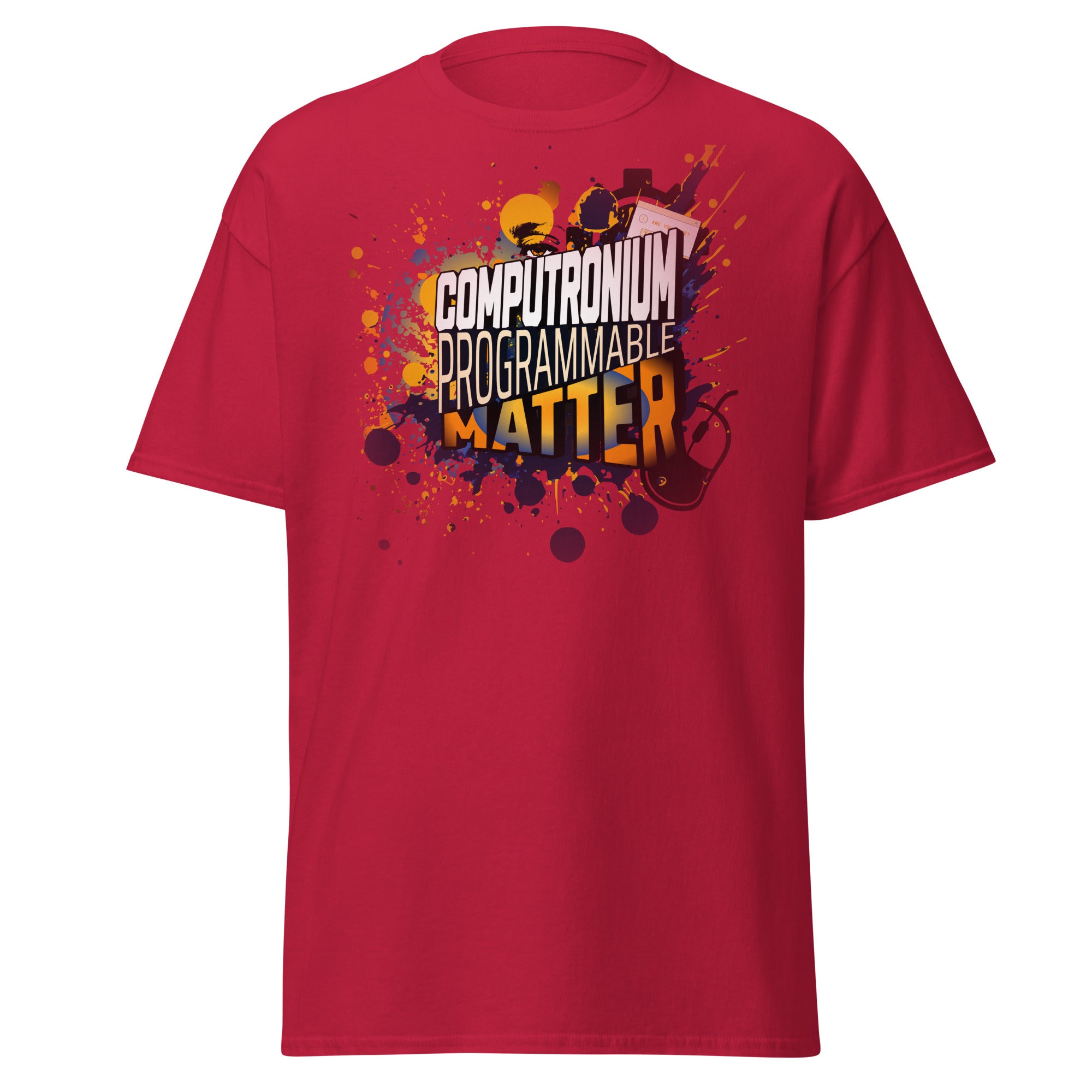 Red t-shirt with "Computronium Programmable Matter" design and bold graphics inspired by theoretical physics and quantum computing.