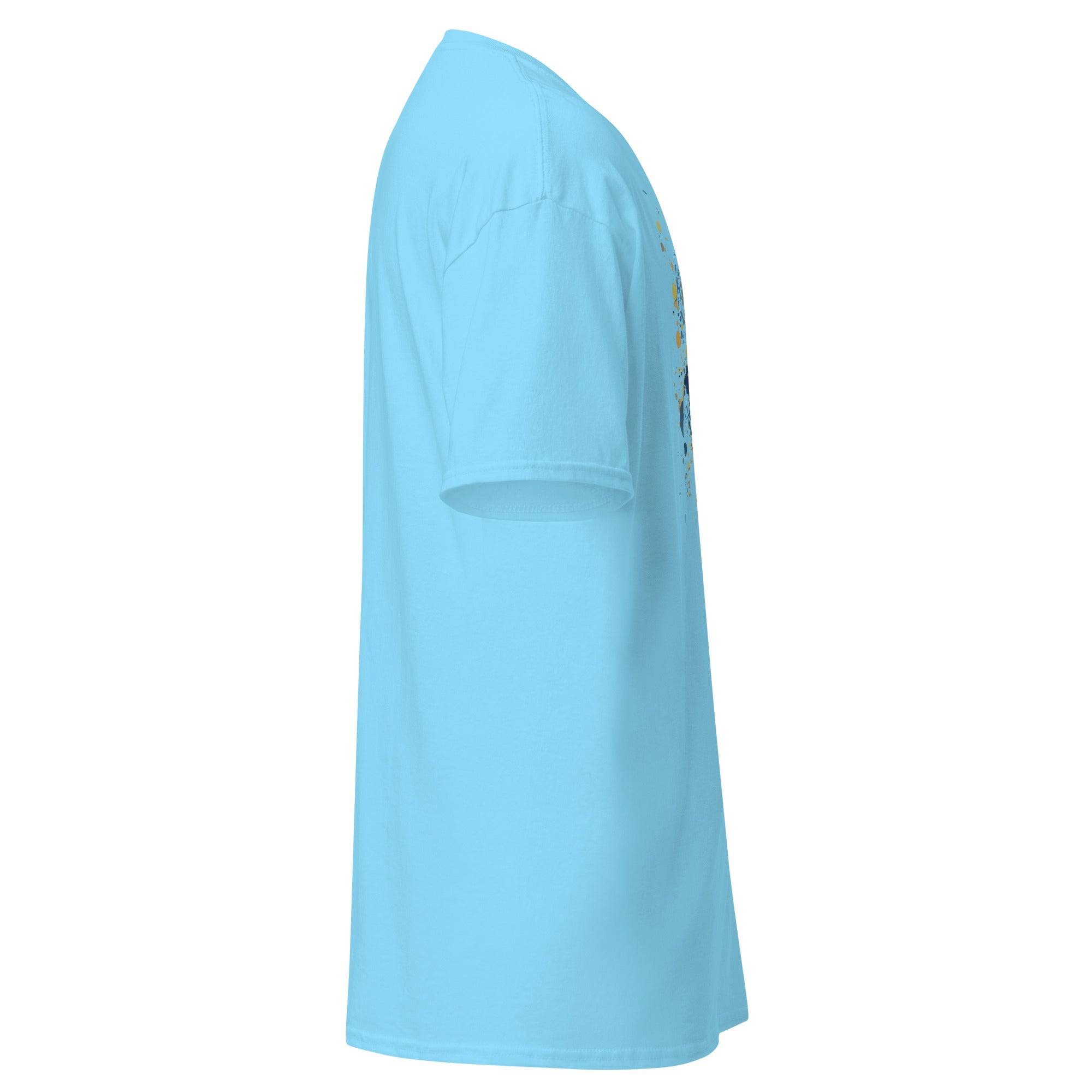Side view of blue Computronium Programmable Matter T-Shirt, showcasing unique theoretical physics-inspired design.