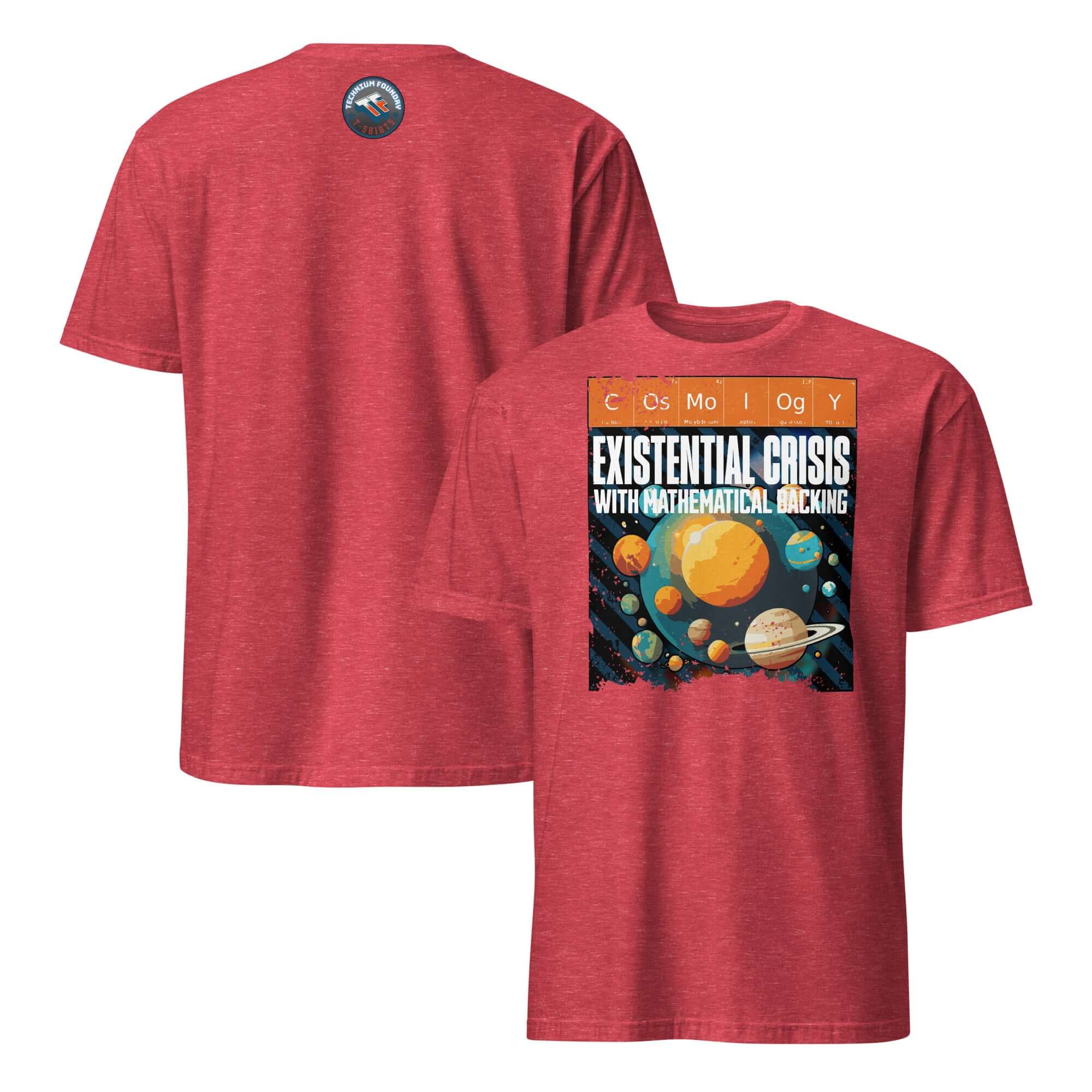 Cosmology T-Shirt featuring planets and elements design with text 'Existential Crisis With Mathematical Backing' on red fabric.