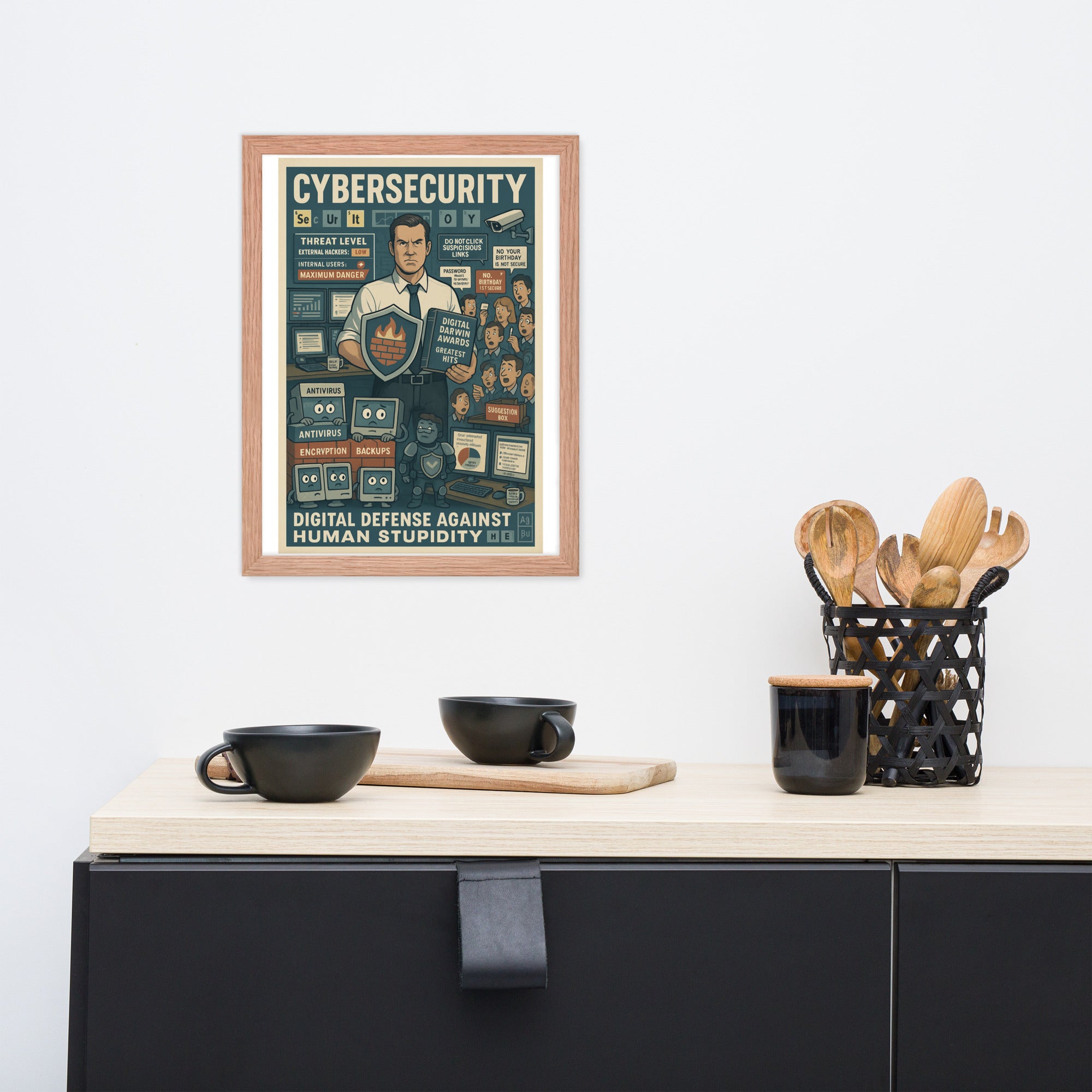 Cybersecurity wall poster titled 'Digital Defense Against Human Stupidity' displayed in a modern kitchen setting.
