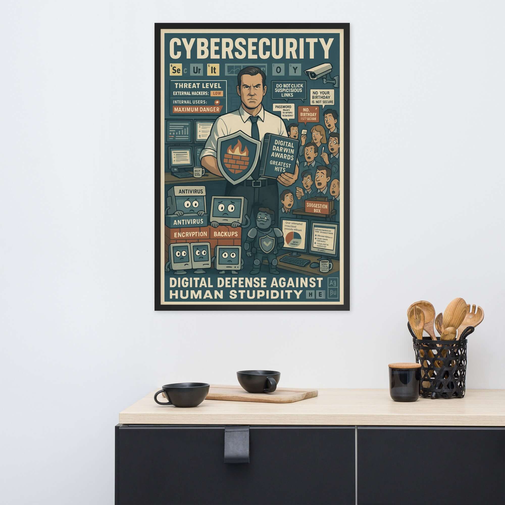 Cybersecurity wall poster with vintage design titled 'Digital Defense Against Human Stupidity' on display above a modern console.