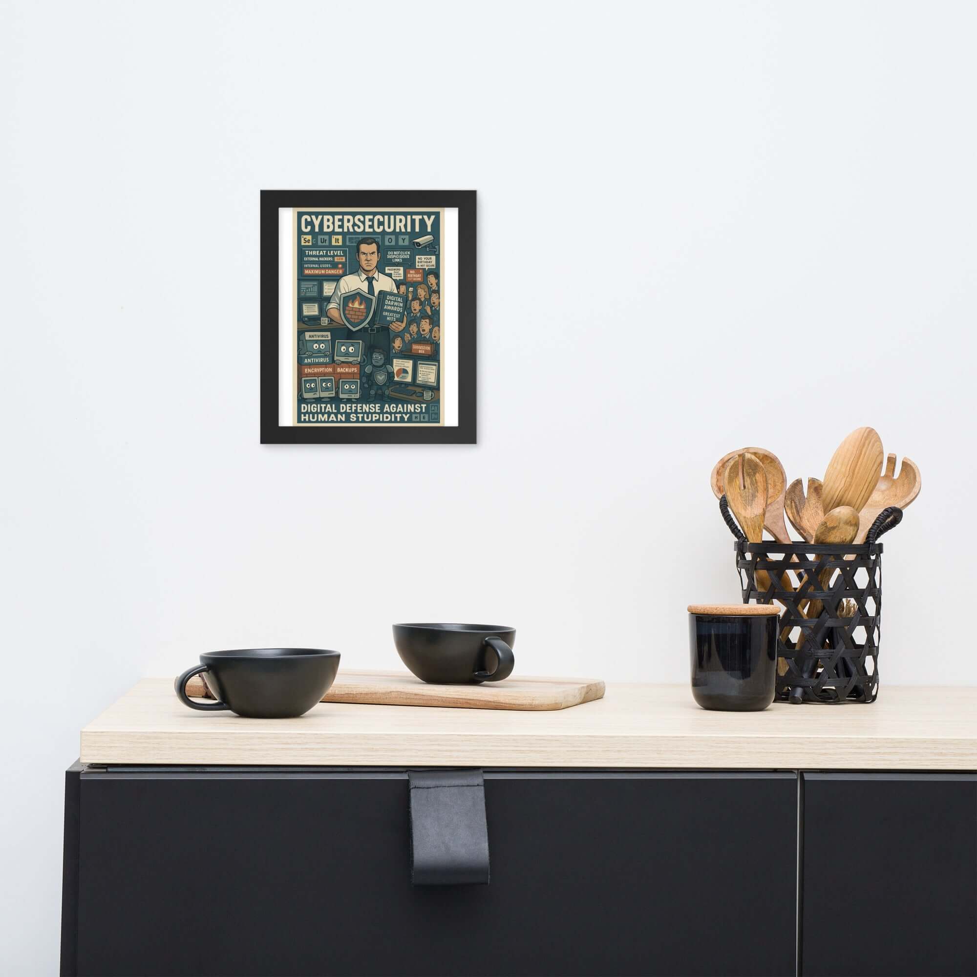 Cybersecurity wall poster on a modern kitchen wall, featuring digital defense theme against human errors.