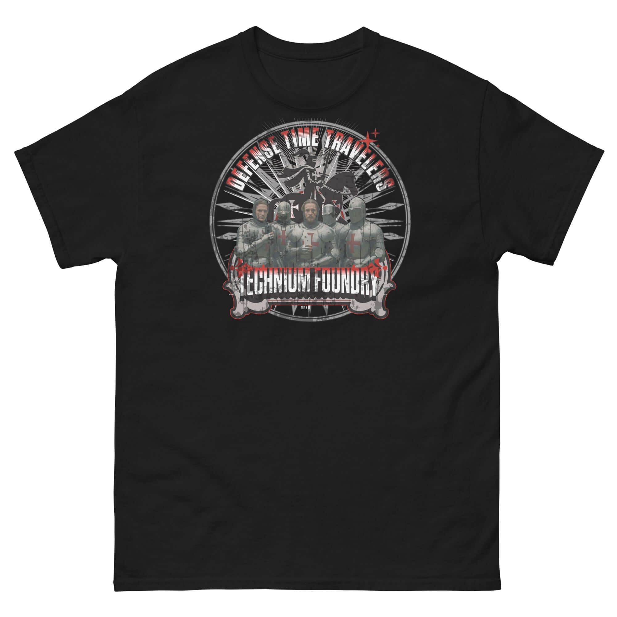 Defense Time Traveling Knights T-Shirt with medieval paradox design and Templar knights on black fabric. Perfect blend of history and fantasy.