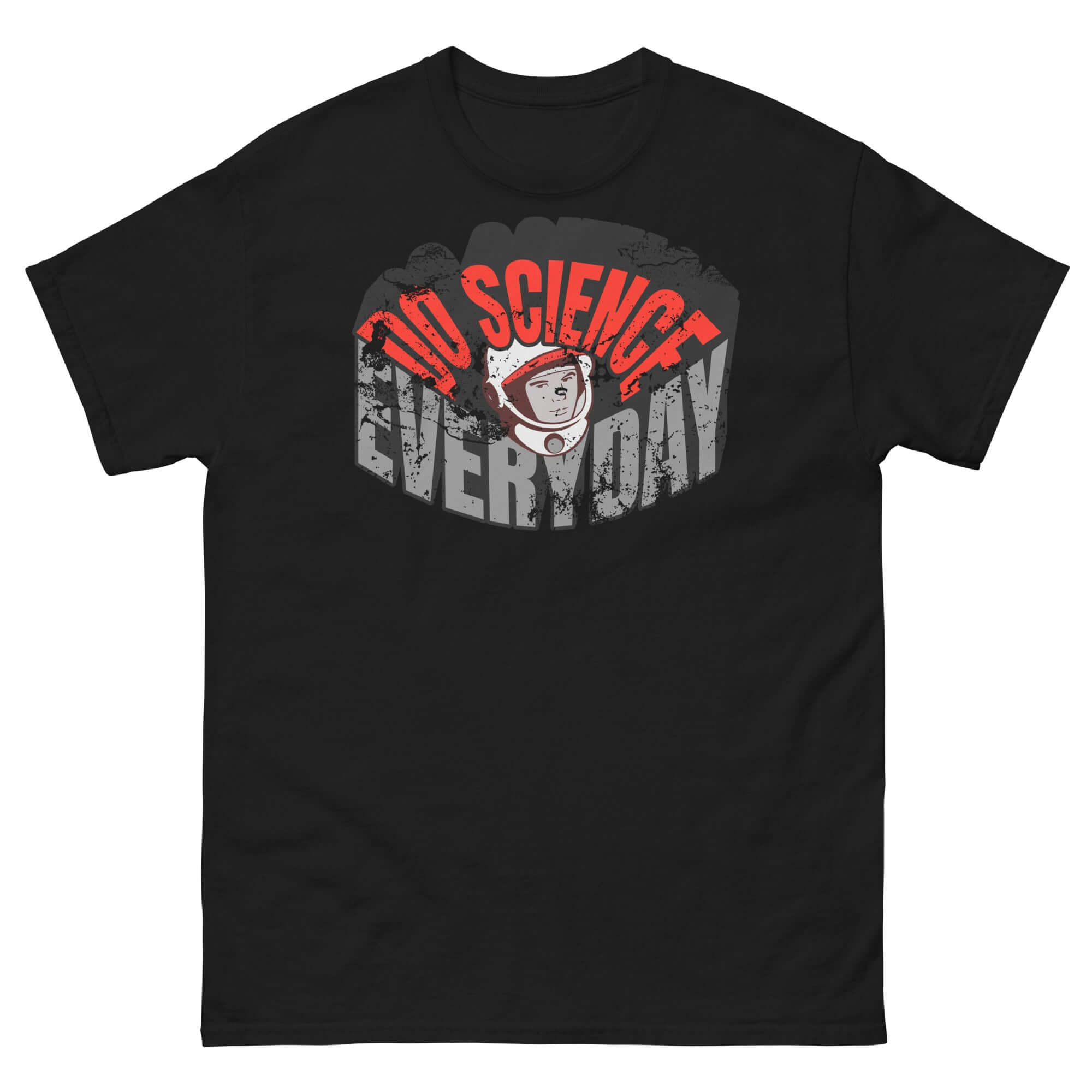 Space-themed "Do Science Every Day" black t-shirt featuring a retro astronaut design for a stylish science fashion statement.