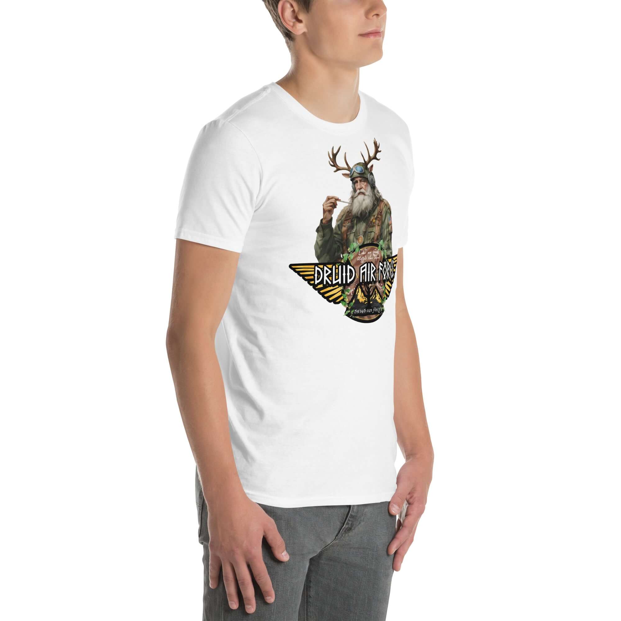 Man wearing Druid Air Force T-shirt with elder mystic and antlers, blending ancient magic and modern military on a black background.