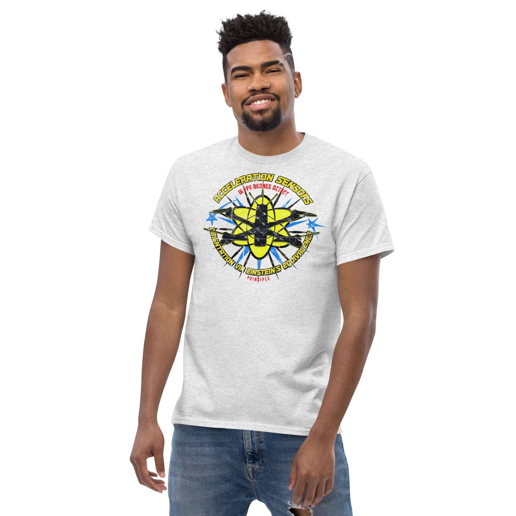 Man wearing Acceleration Sensors in FPV Drones T-Shirt with Einstein's Equivalence Principle design.