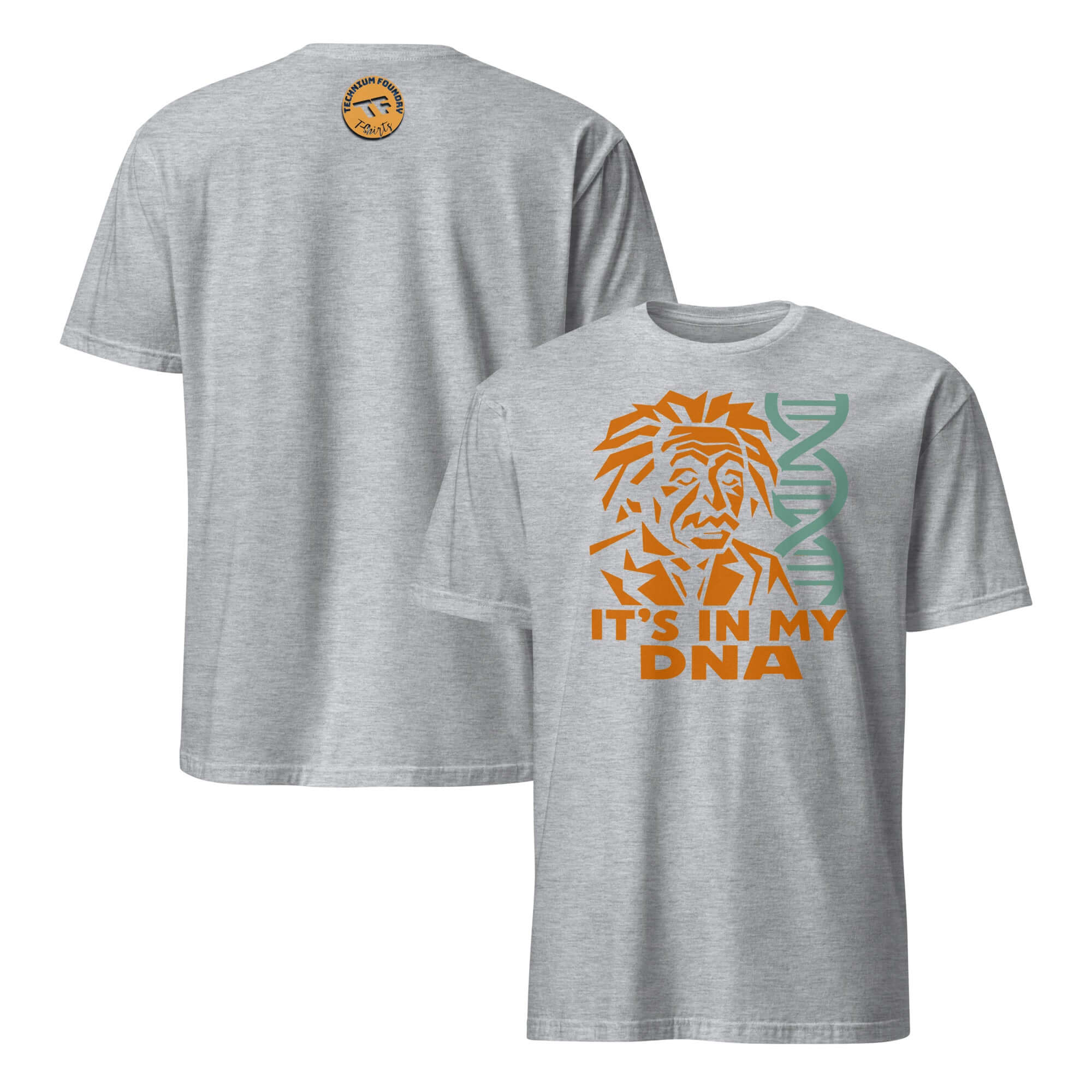Einstein T-shirt featuring geometric orange design with DNA double helix, capturing genetic intelligence and humor in apparel.