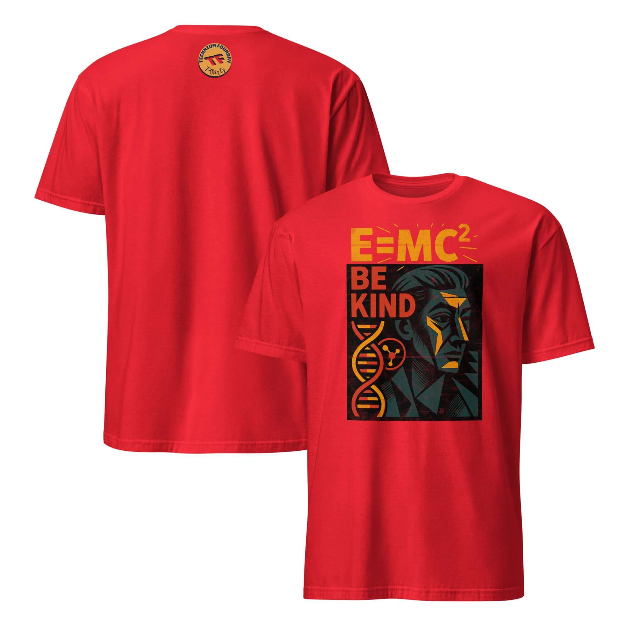 Red "E=MC² Be Kind" T-shirt showcasing Einstein-themed design for scientific humor and kindness advocacy.