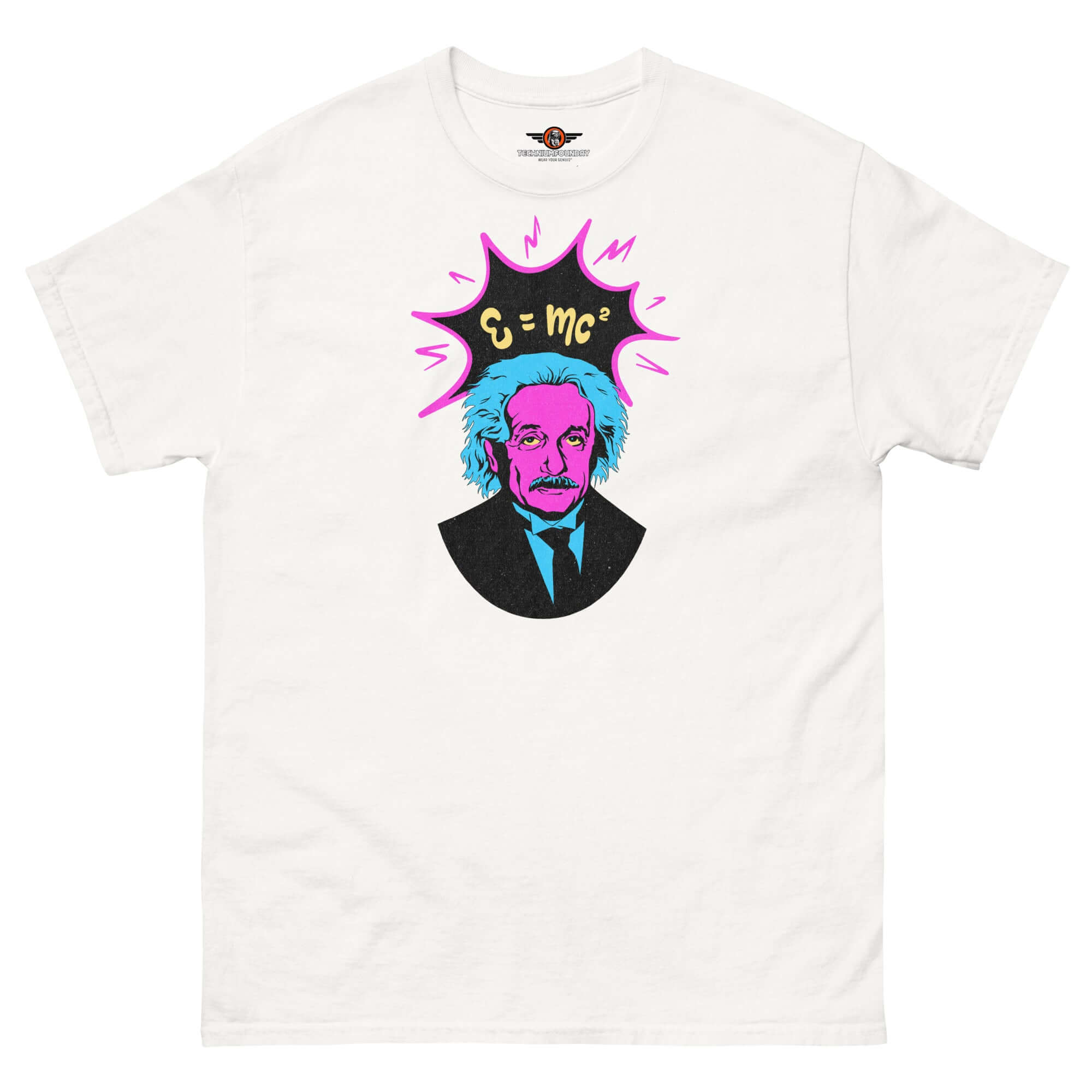 Einstein pop art t-shirt featuring E=mc² in neon pink and blue design by Technium Foundry, premium cotton blend.
