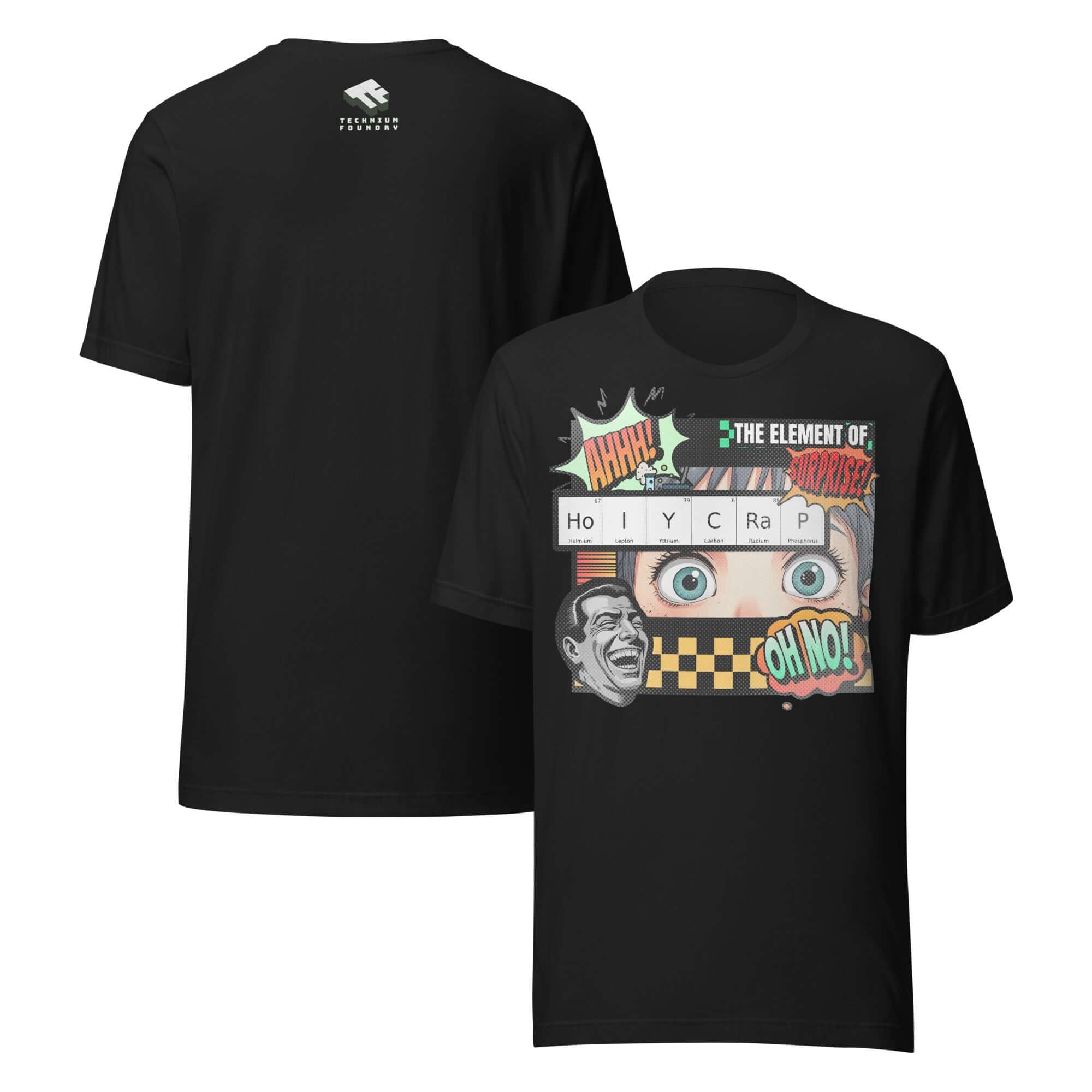 "Element of Surprise" HoIYCRaP chemistry joke t-shirt featuring retro comic design on a black background.