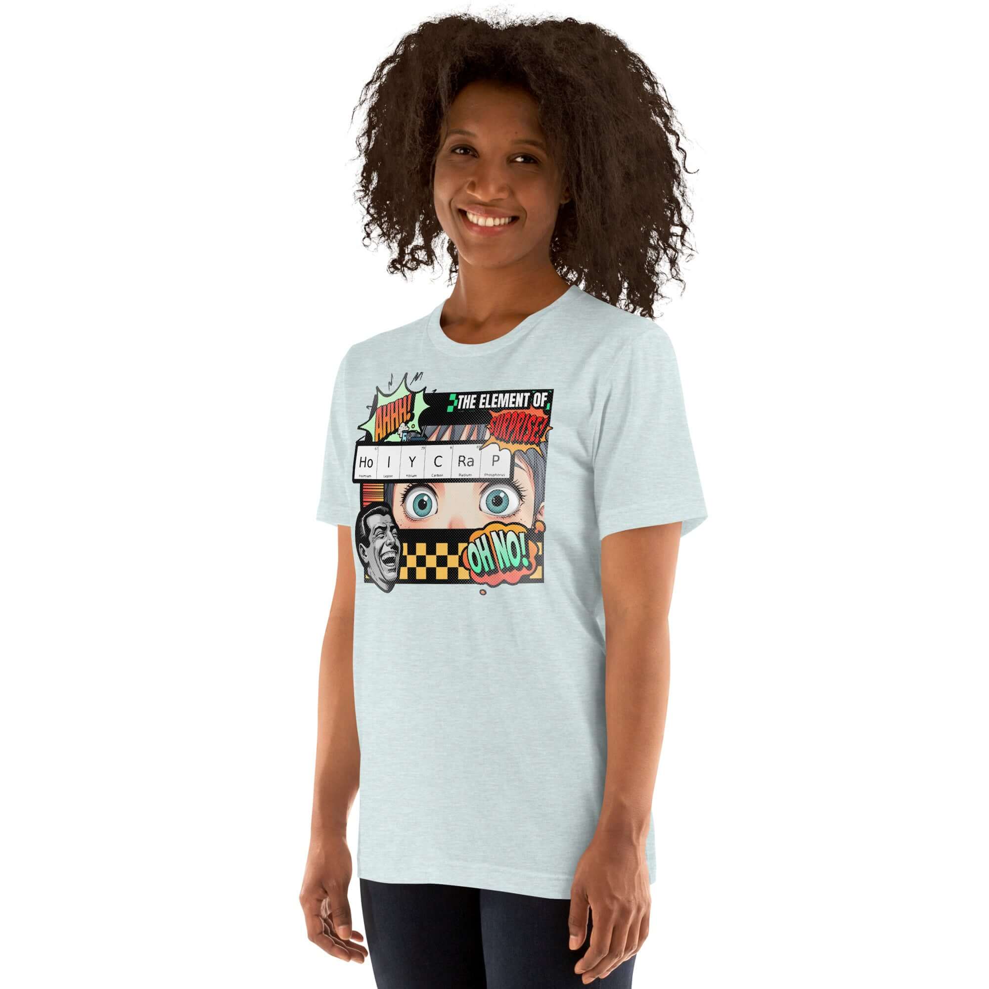 Woman wearing "The Element of Surprise" HoIYCRaP chemistry joke t-shirt with retro comic design.