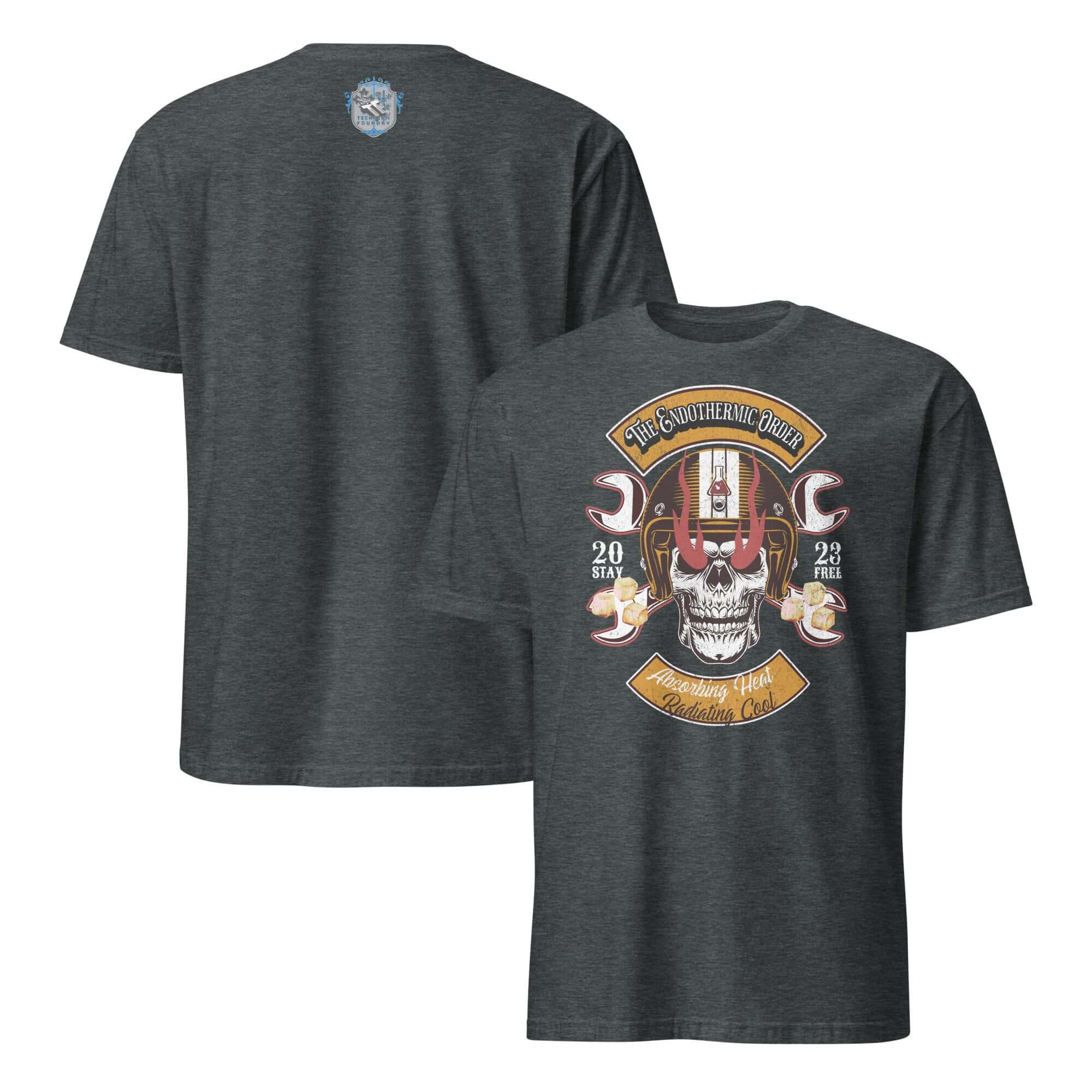 The Endothermic Order Motorcycle Club T-Shirt featuring a skull with a custom helmet and temperature gauge design by Thermodynamic Apparel.