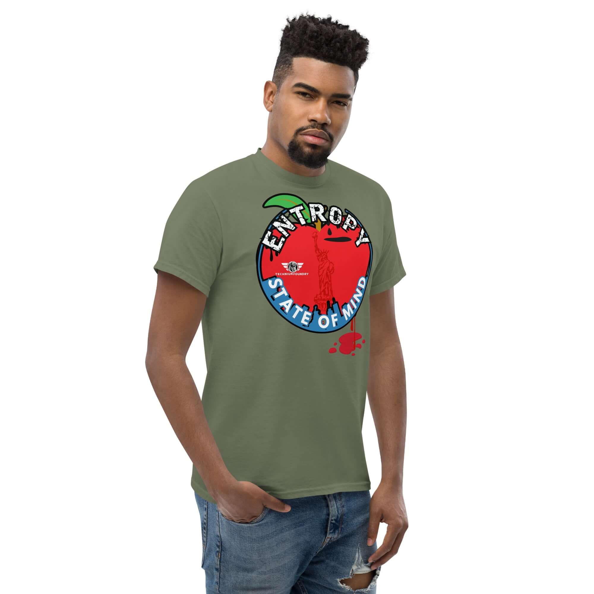 Man wearing "Entropy State of Mind" t-shirt, featuring NYC and thermodynamics theme, with Lady Liberty in chaos design.