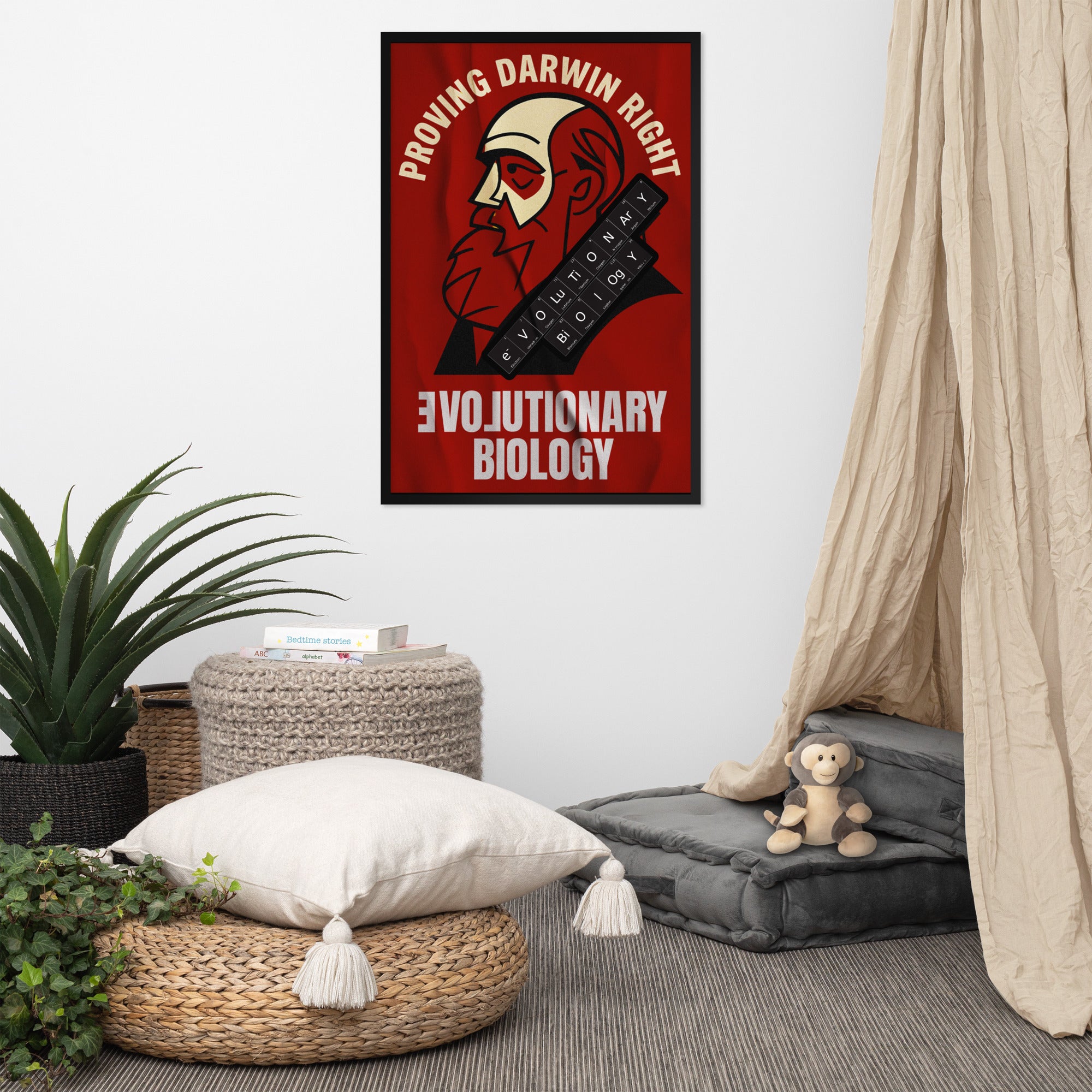 Evolutionary Biology wall poster titled 'Proving Darwin Right' with retro design featuring Darwin, decoratively framed on a modern wall.