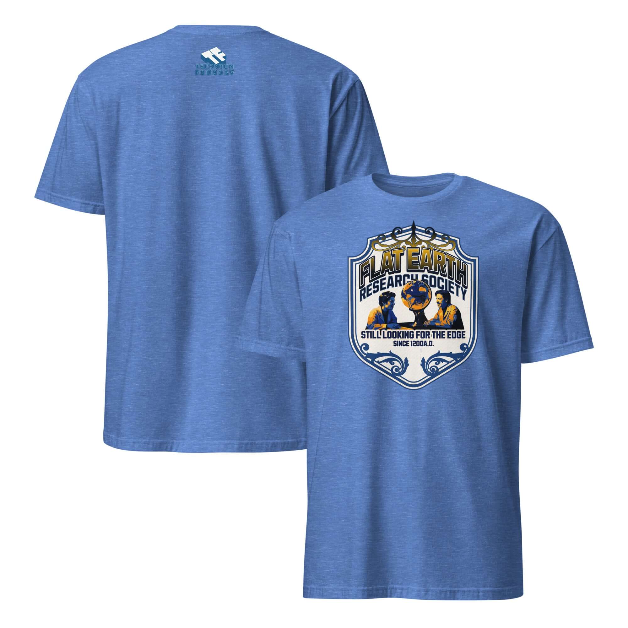 Flat Earth Research Society T-Shirt in navy, featuring vintage design with two 'researchers' and globe on a regal shield.