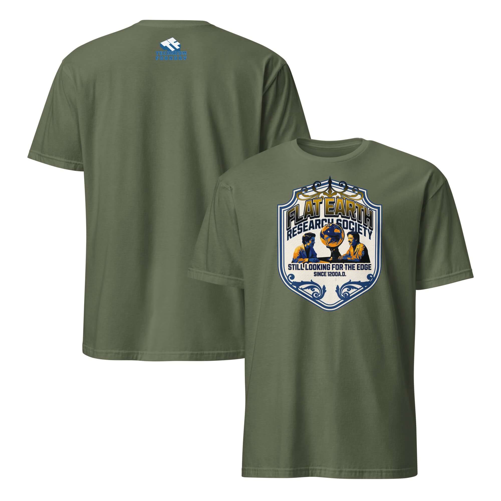 Flat Earth Research Society t-shirt featuring vintage-inspired globe design and text in navy blue and gold on olive cotton.