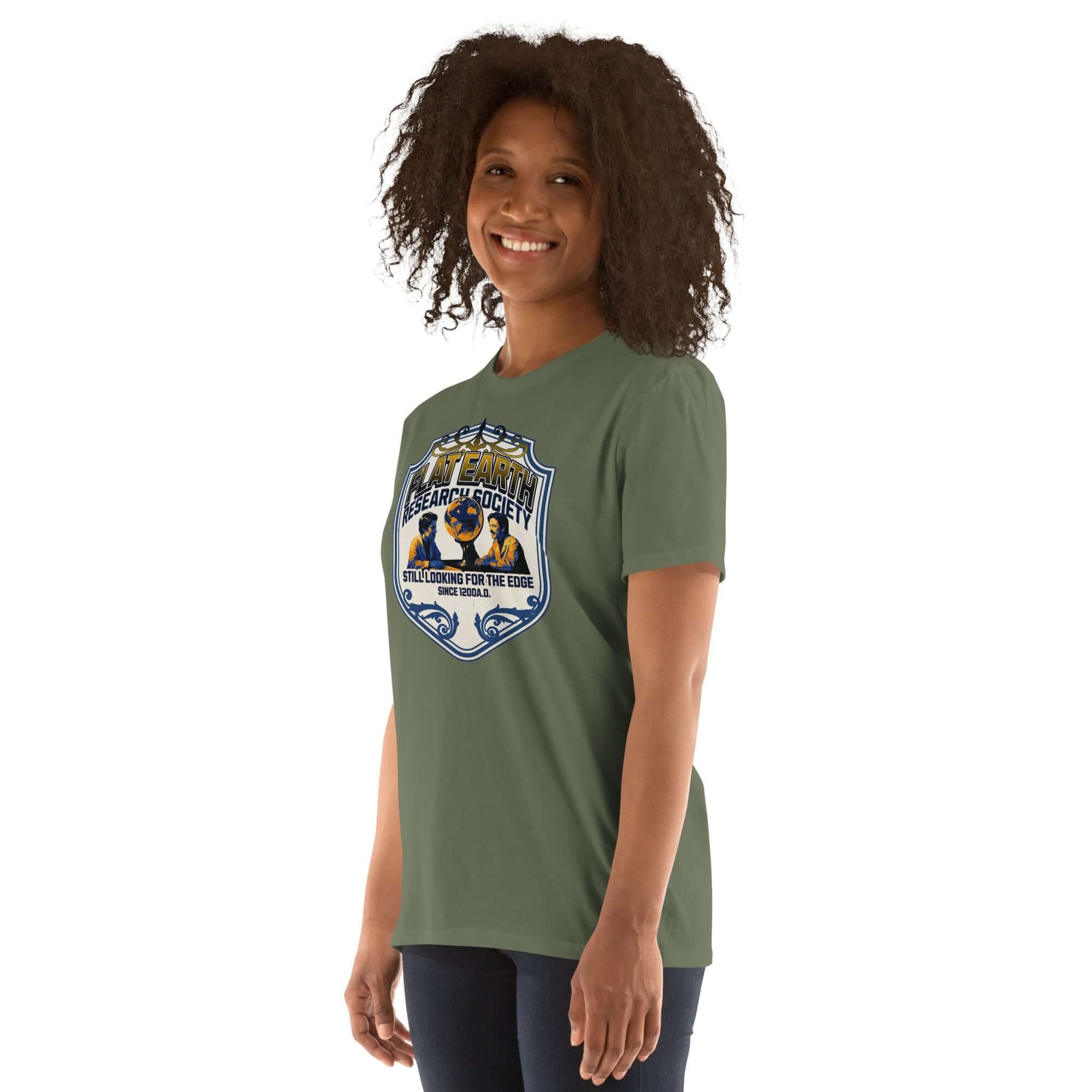 Woman wearing Flat Earth Research Society T-shirt with vintage design, featuring researchers examining a globe, navy blue and gold colors.