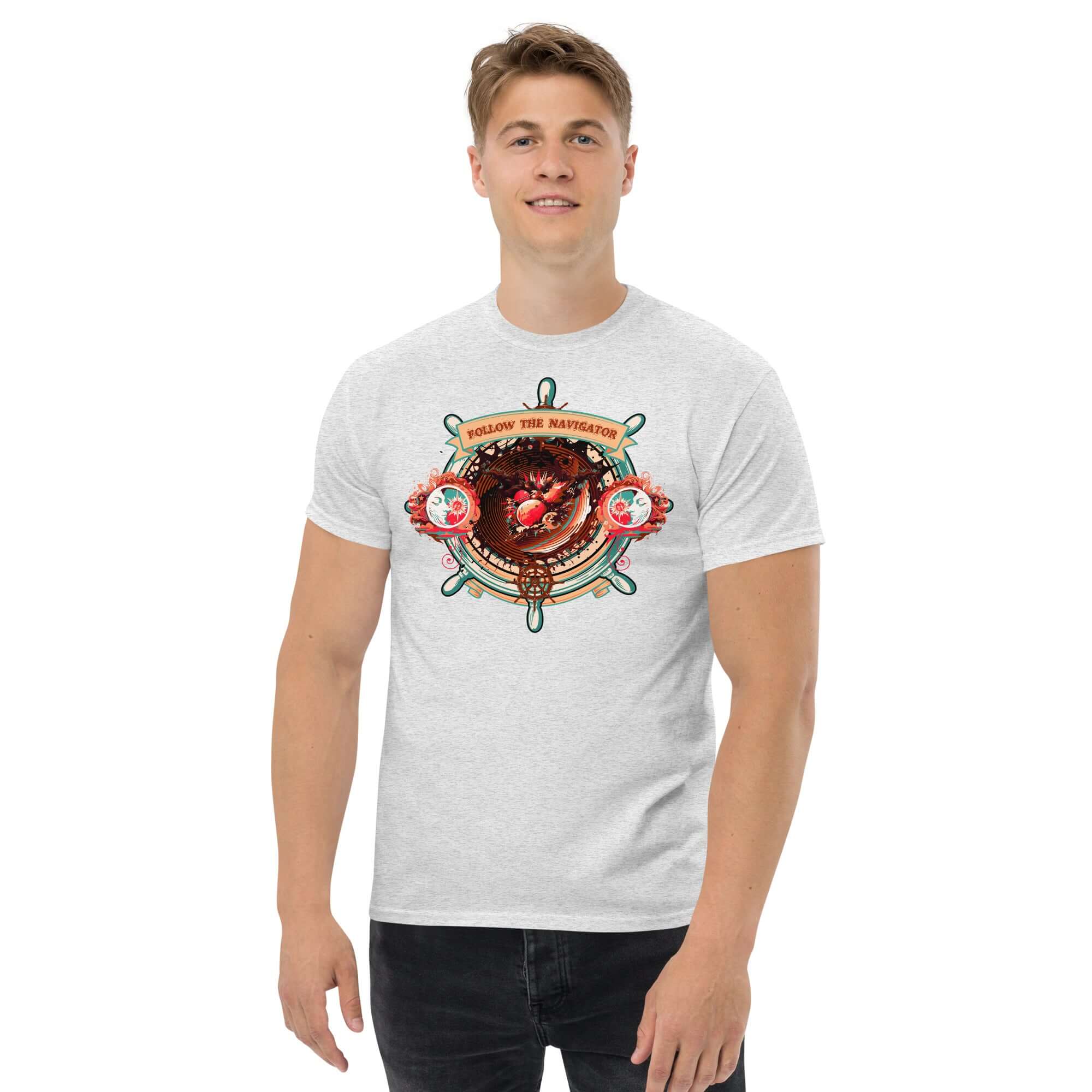 Man wearing Follow The Navigator T-Shirt with ship's wheel and cosmic compass design on a cosmic journey.