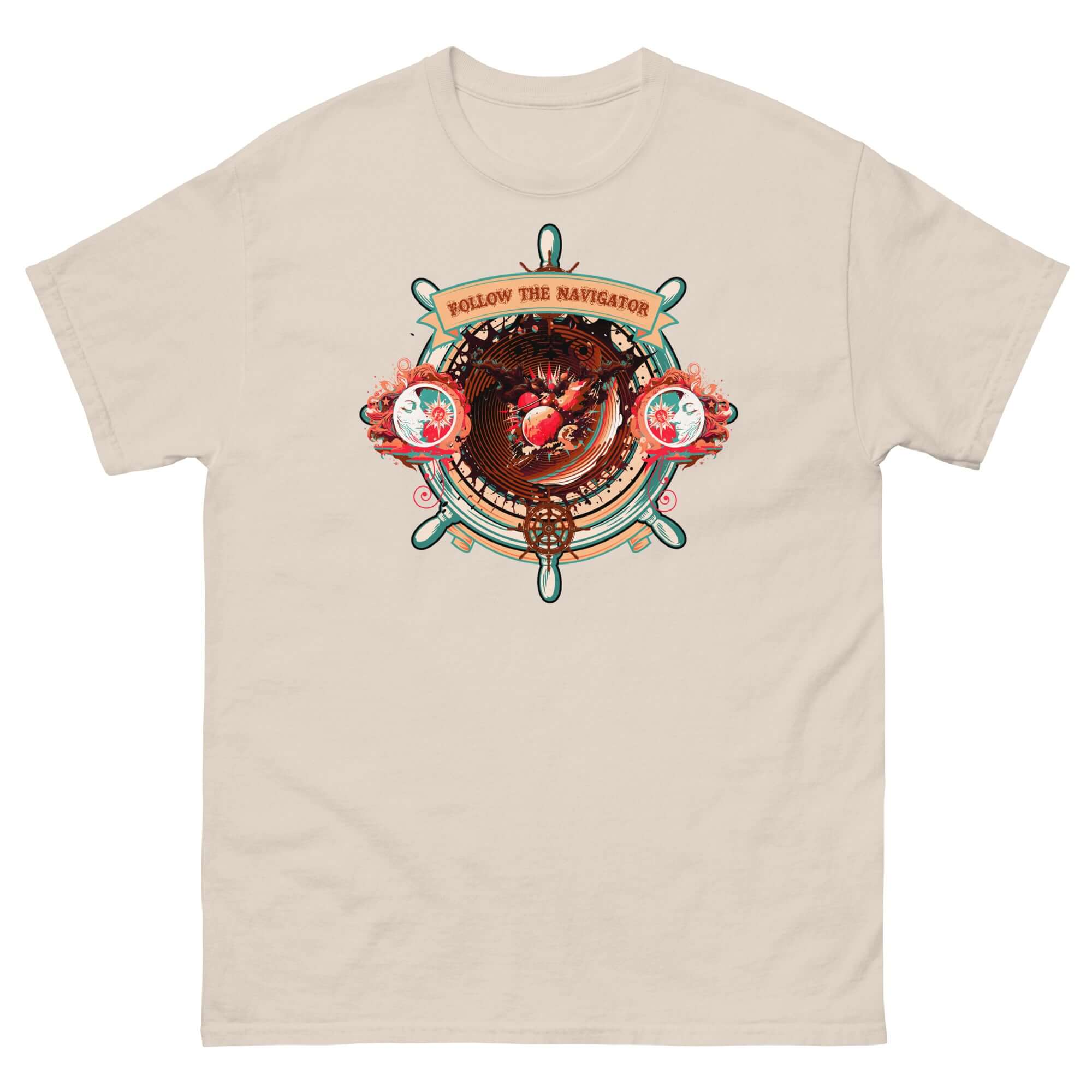 Follow The Navigator T-Shirt with cosmic compass design, blending nautical and celestial themes on a neutral background.