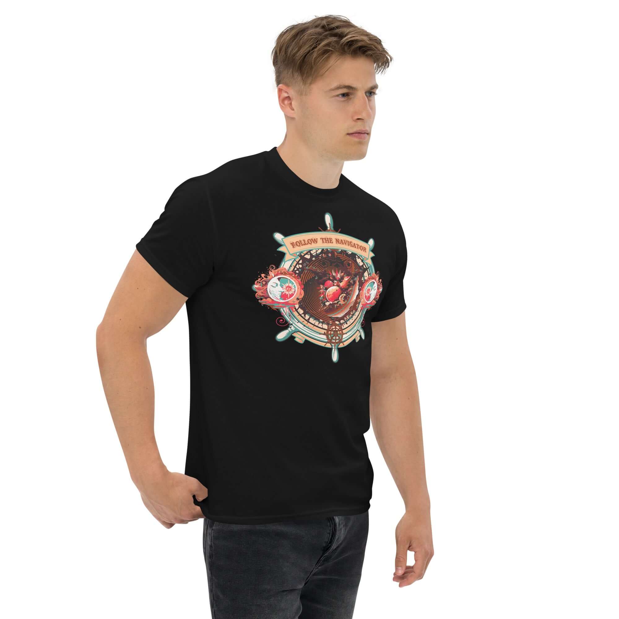 Model wearing Follow The Navigator T-Shirt with cosmic compass design on black fabric, perfect for adventurous souls seeking life's journey.